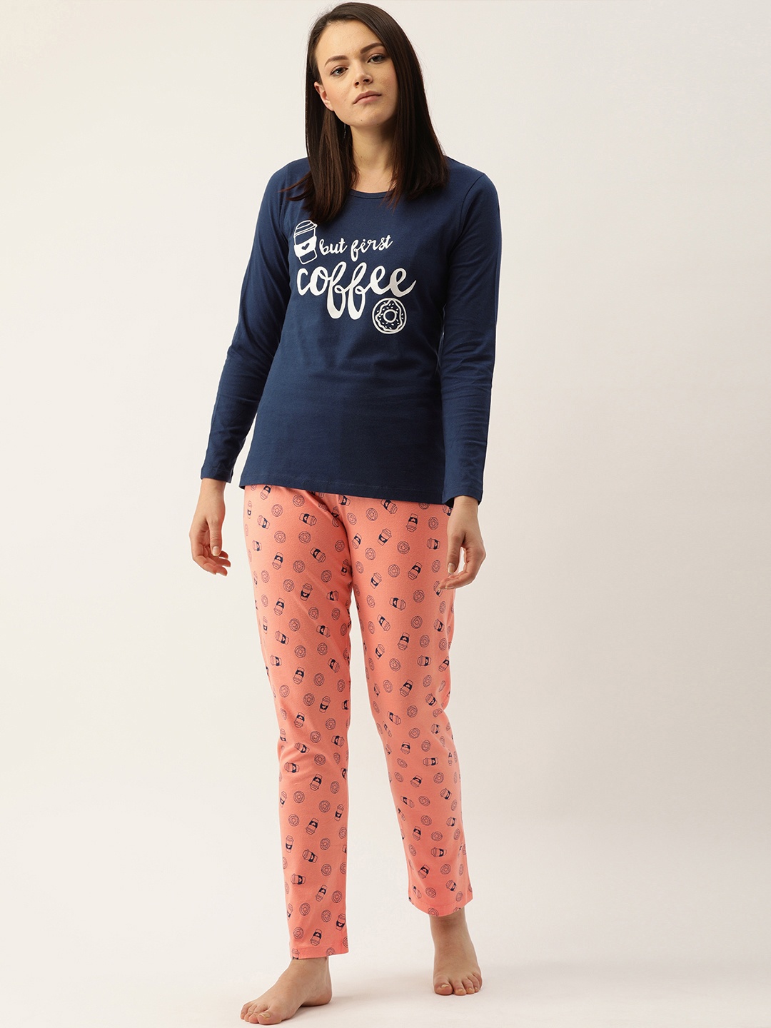 

mackly Women Navy Blue & Peach-Coloured Coffee Print Pyjamas Set