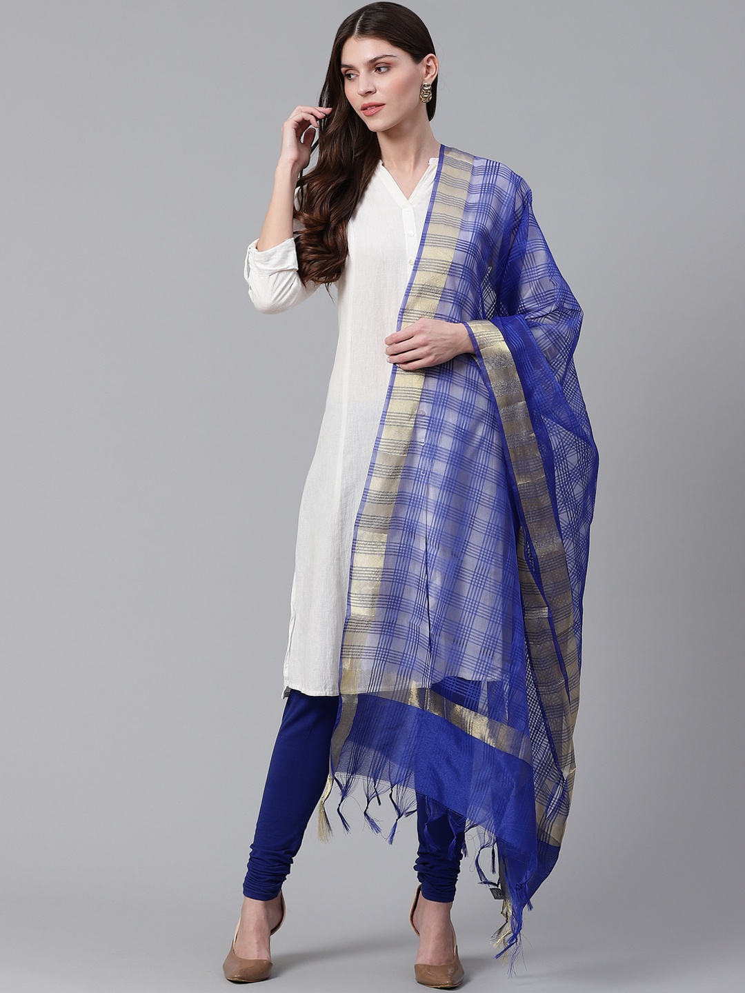 

WEAVERS VILLA Blue Checked Dupatta
