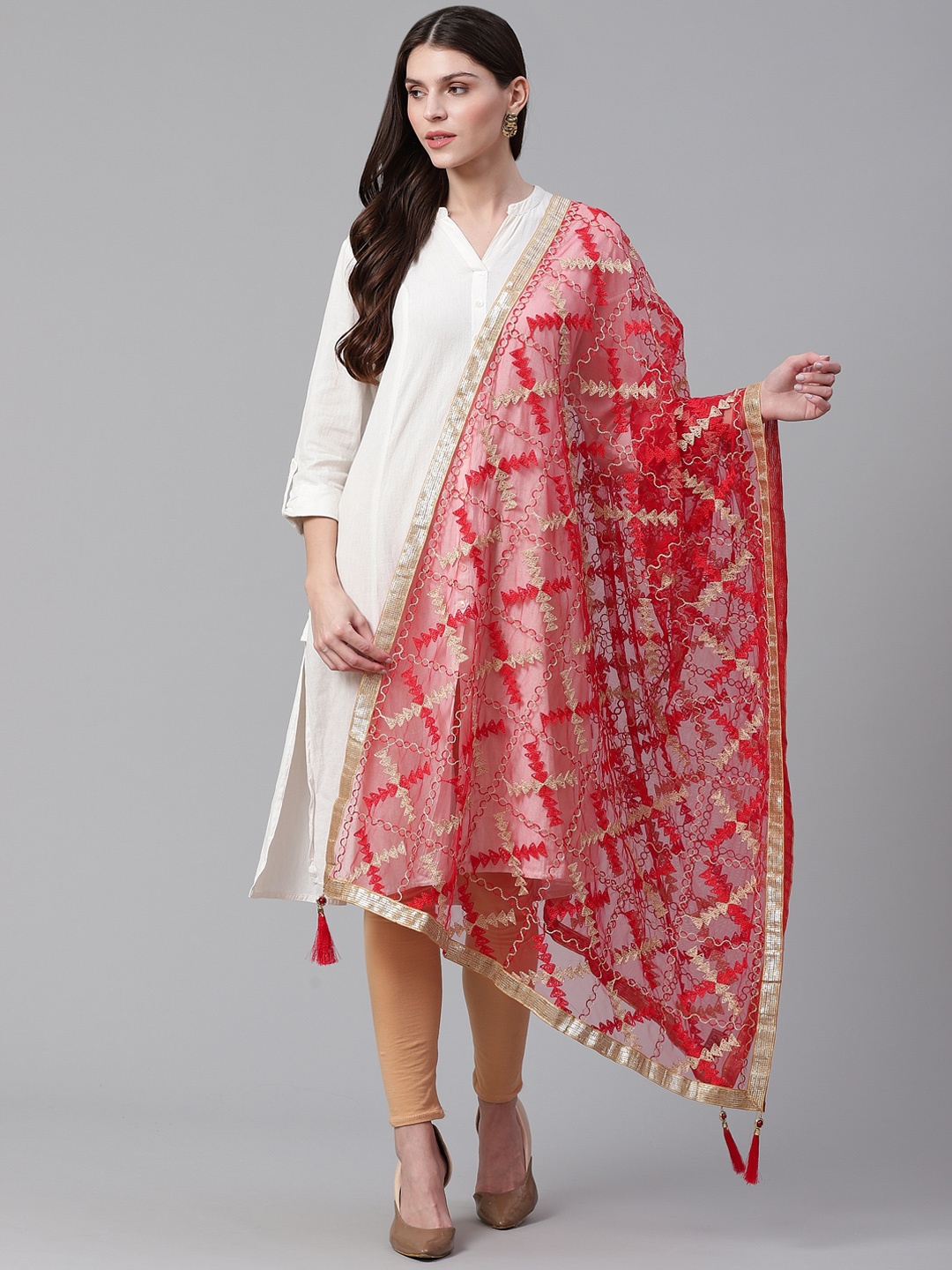 

WEAVERS VILLA Red & Golden Embroidered Dupatta