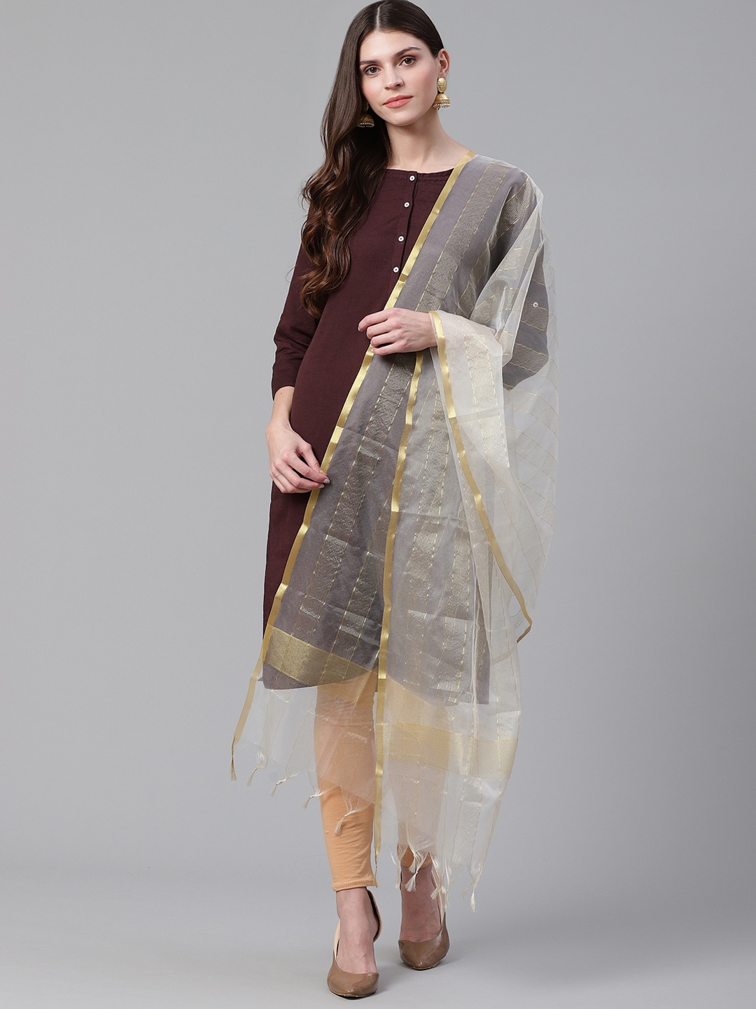 

WEAVERS VILLA White & Golden Striped Dupatta