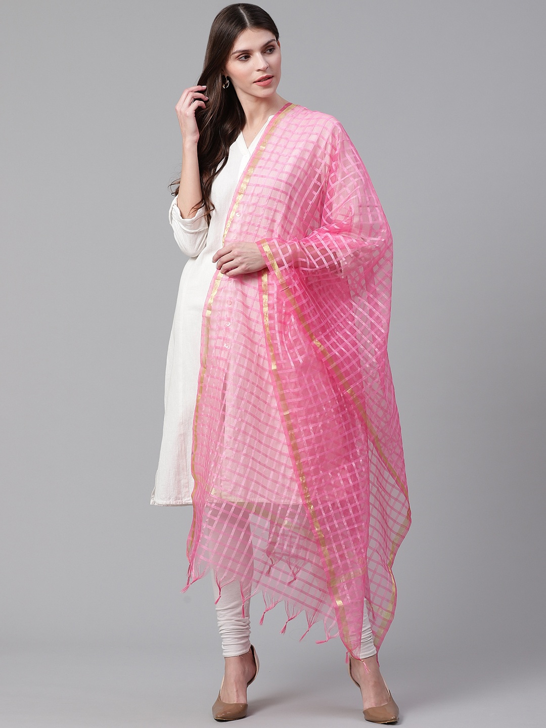 

WEAVERS VILLA Pink Checked Dupatta