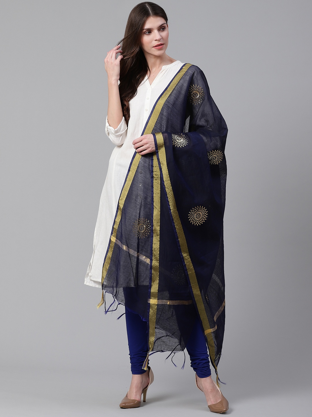 

WEAVERS VILLA Navy Blue & Golden Woven Design Dupatta