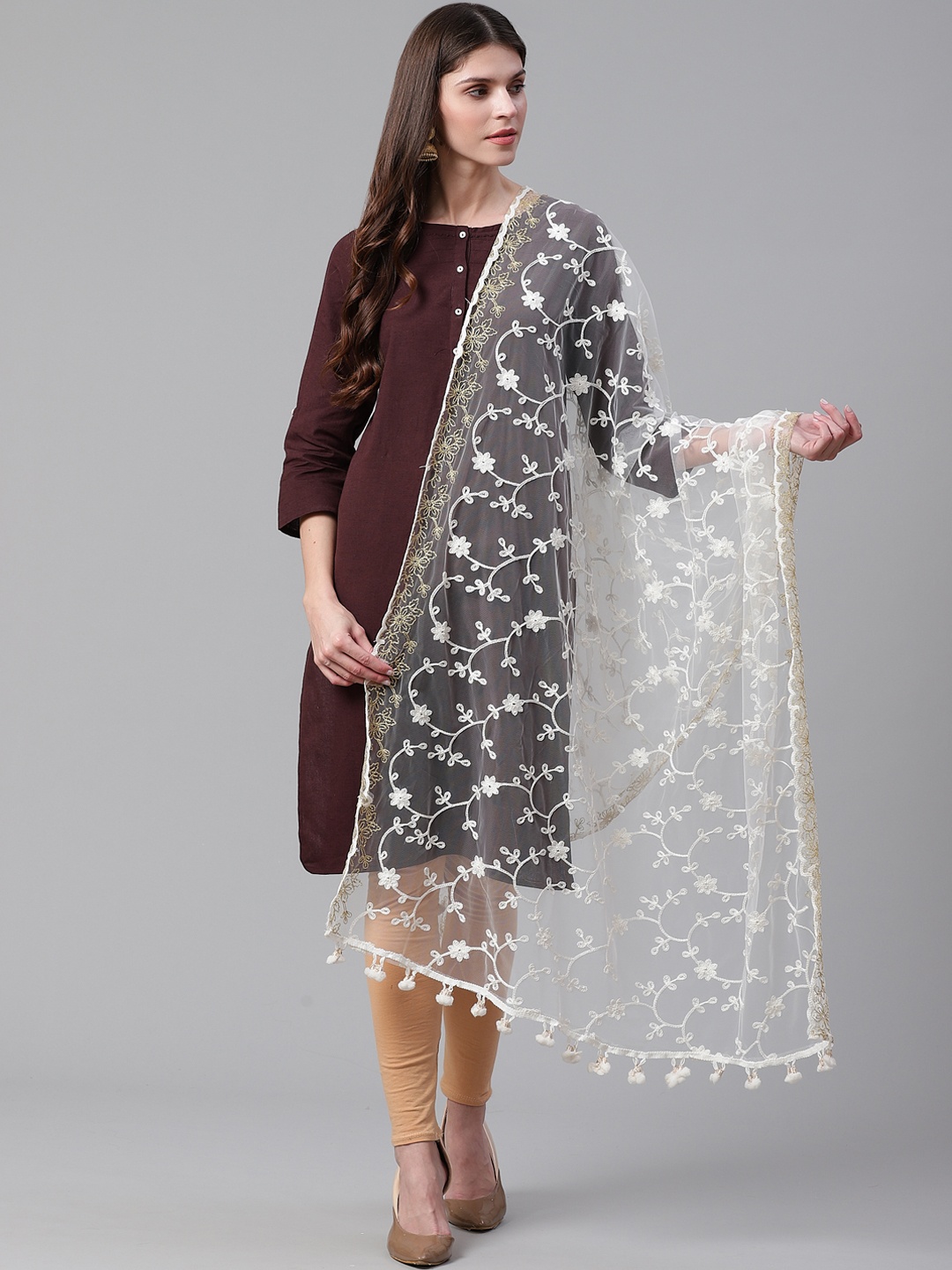 

WEAVERS VILLA White Embroidered Dupatta