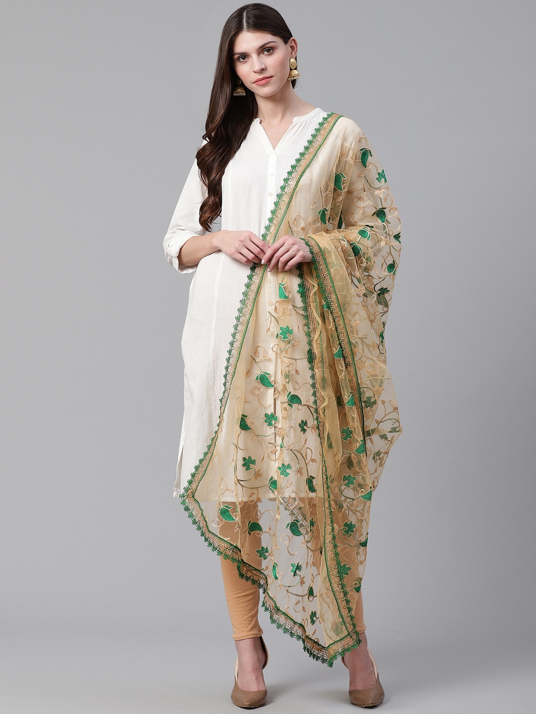 WEAVERS VILLA Beige & Green Embroidered Dupatta