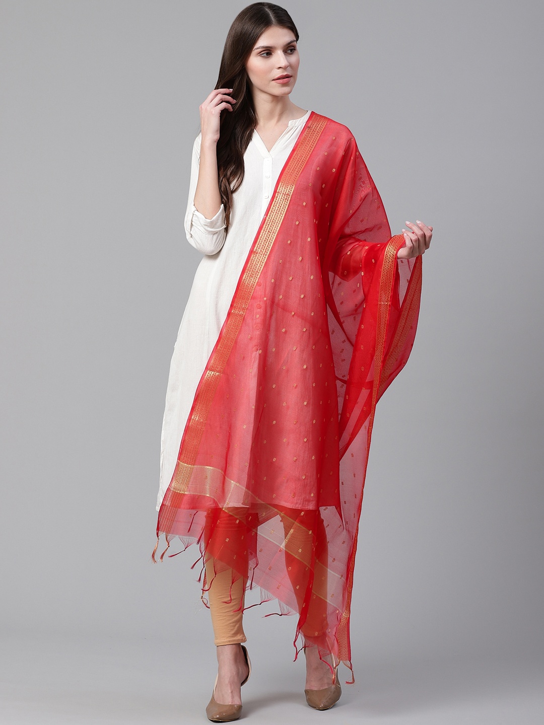 

WEAVERS VILLA Red & Golden Woven Design Dupatta