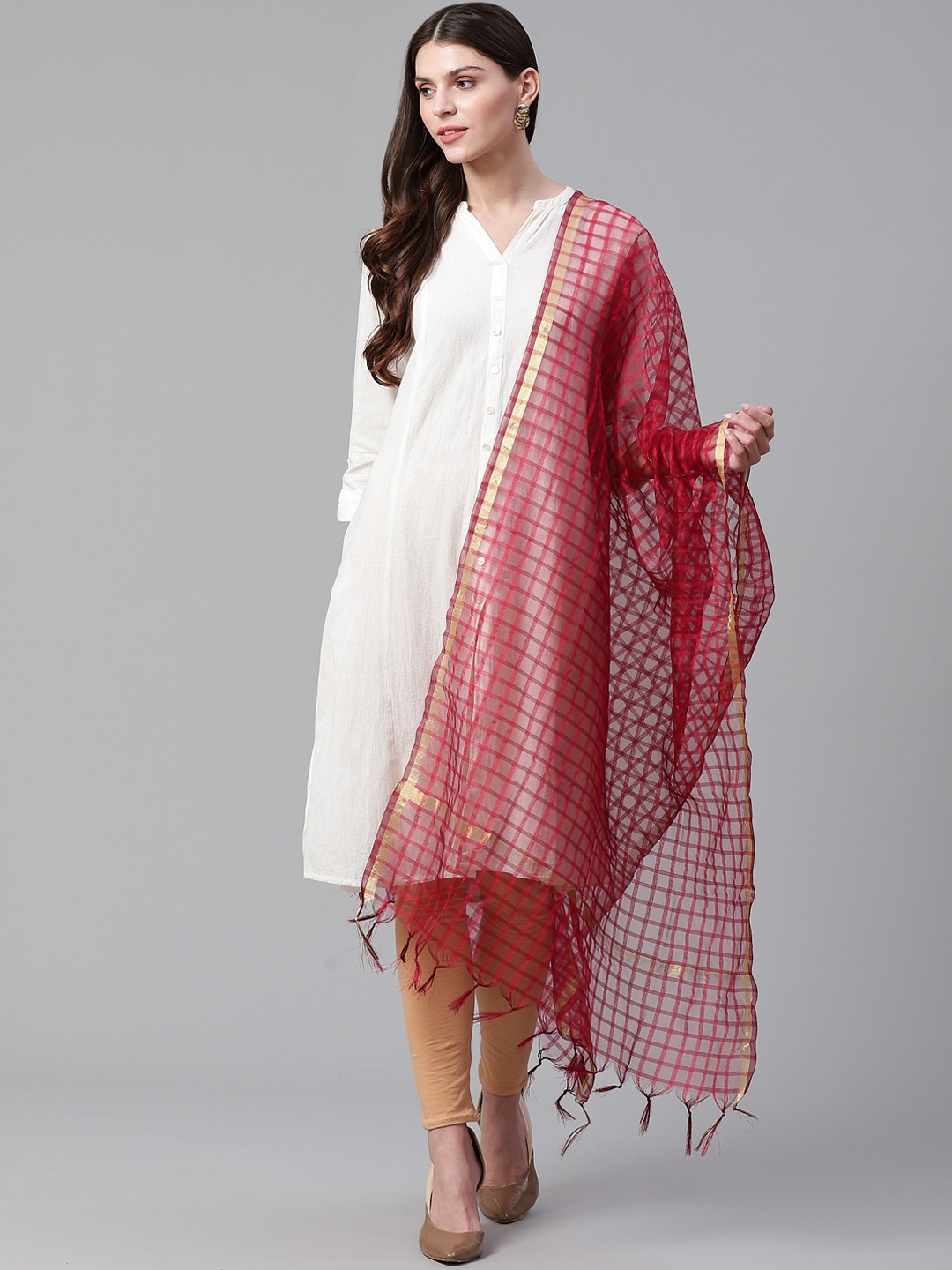 

WEAVERS VILLA Maroon Checked Dupatta