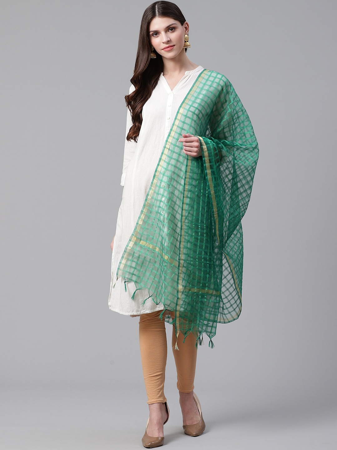 

WEAVERS VILLA Green Checked Dupatta