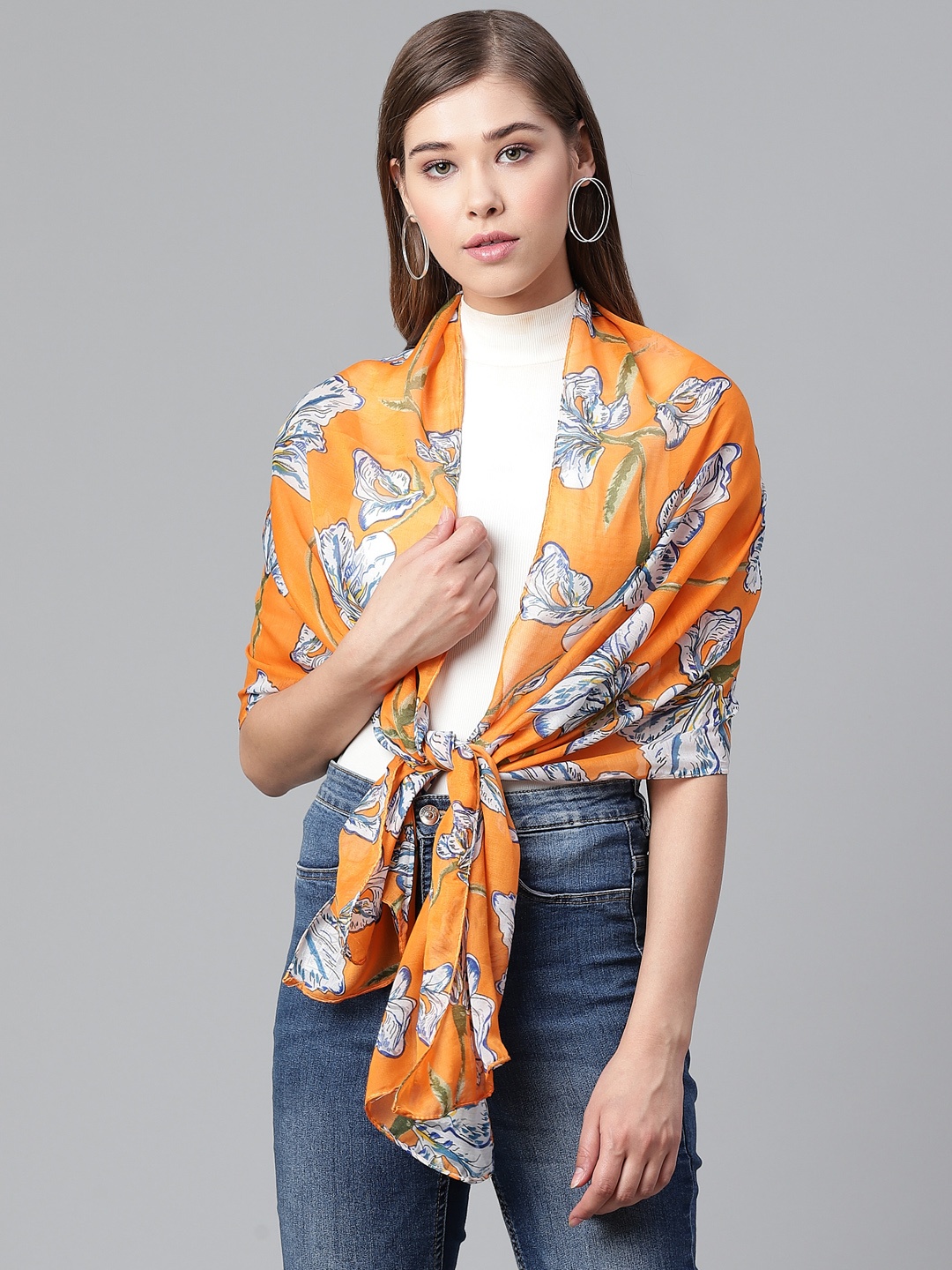 

WEAVERS VILLA Women Orange & White Floral Print Stole, Mustard