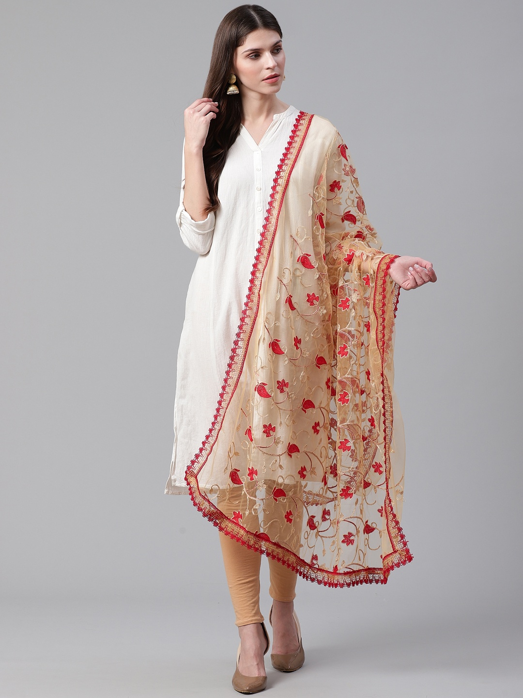 

WEAVERS VILLA Beige & Red Embroidered Dupatta