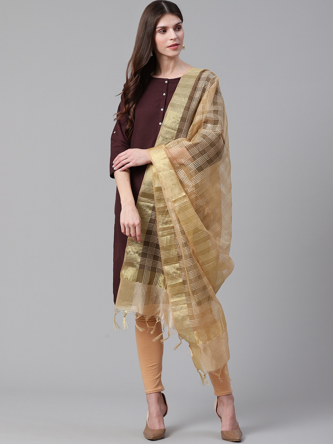 

WEAVERS VILLA Beige & Golden Checked Dupatta