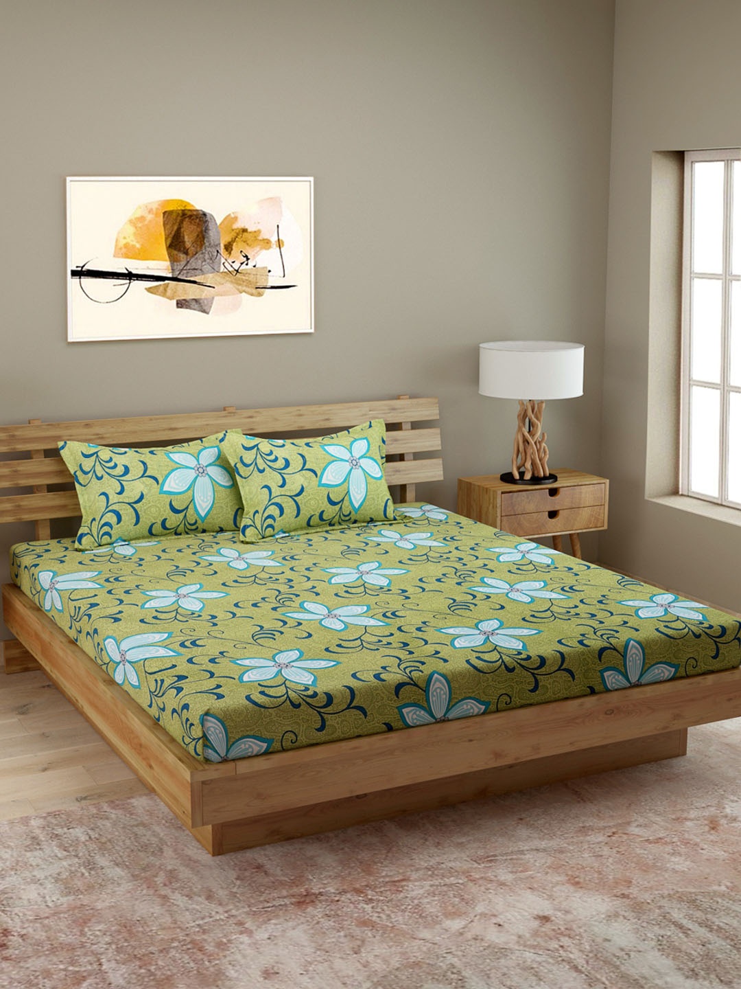 

ROMEE Green & Blue Floral 120 TC Cotton 1 Queen Bedsheet with 2 Pillow Covers
