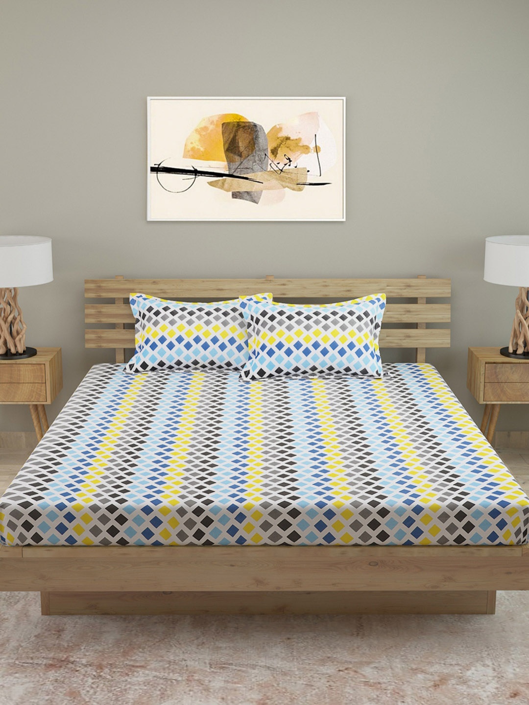 

ROMEE Yellow & Blue Geometric 120 TC Cotton 1 Queen Bedsheet with 2 Pillow Covers