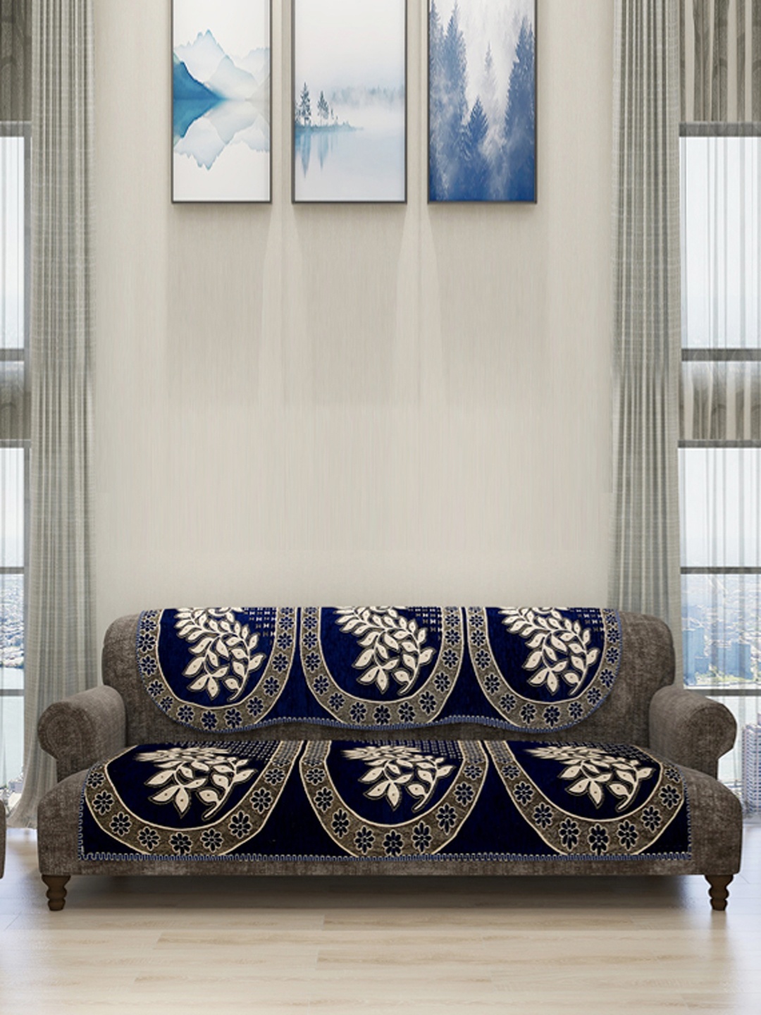 

ROMEE 6-Piece Navy Blue & Beige Woven Design Chenille Sofa Set Covers