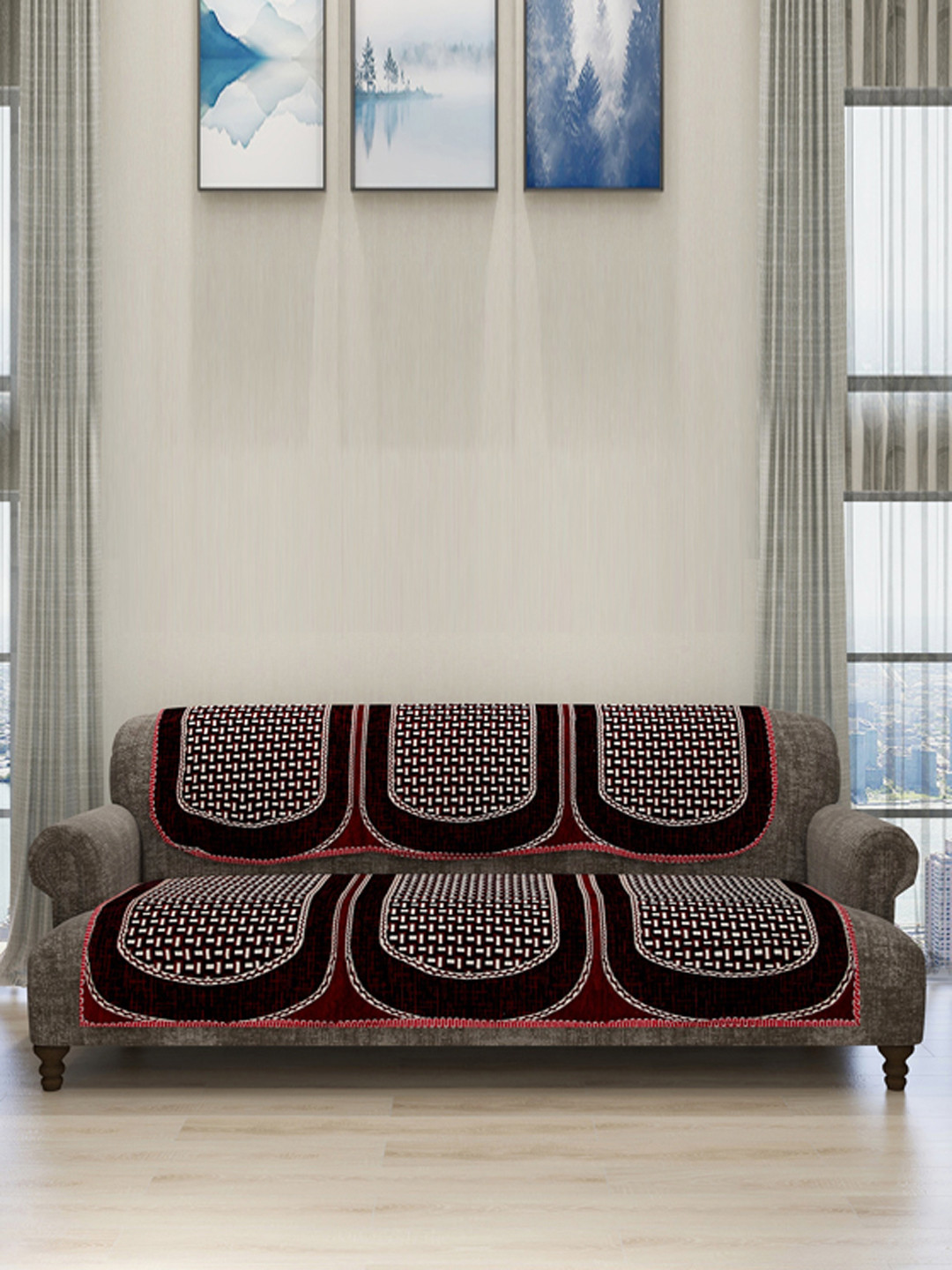 

ROMEE 6-Piece Maroon & Black Woven Design Chenille Sofa Set Covers