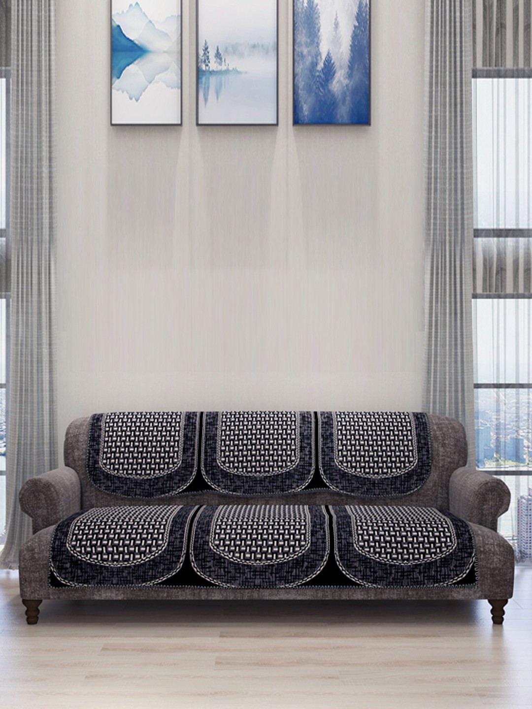 

ROMEE 6-Piece Grey & Black Woven Design Chenille Sofa Set Covers