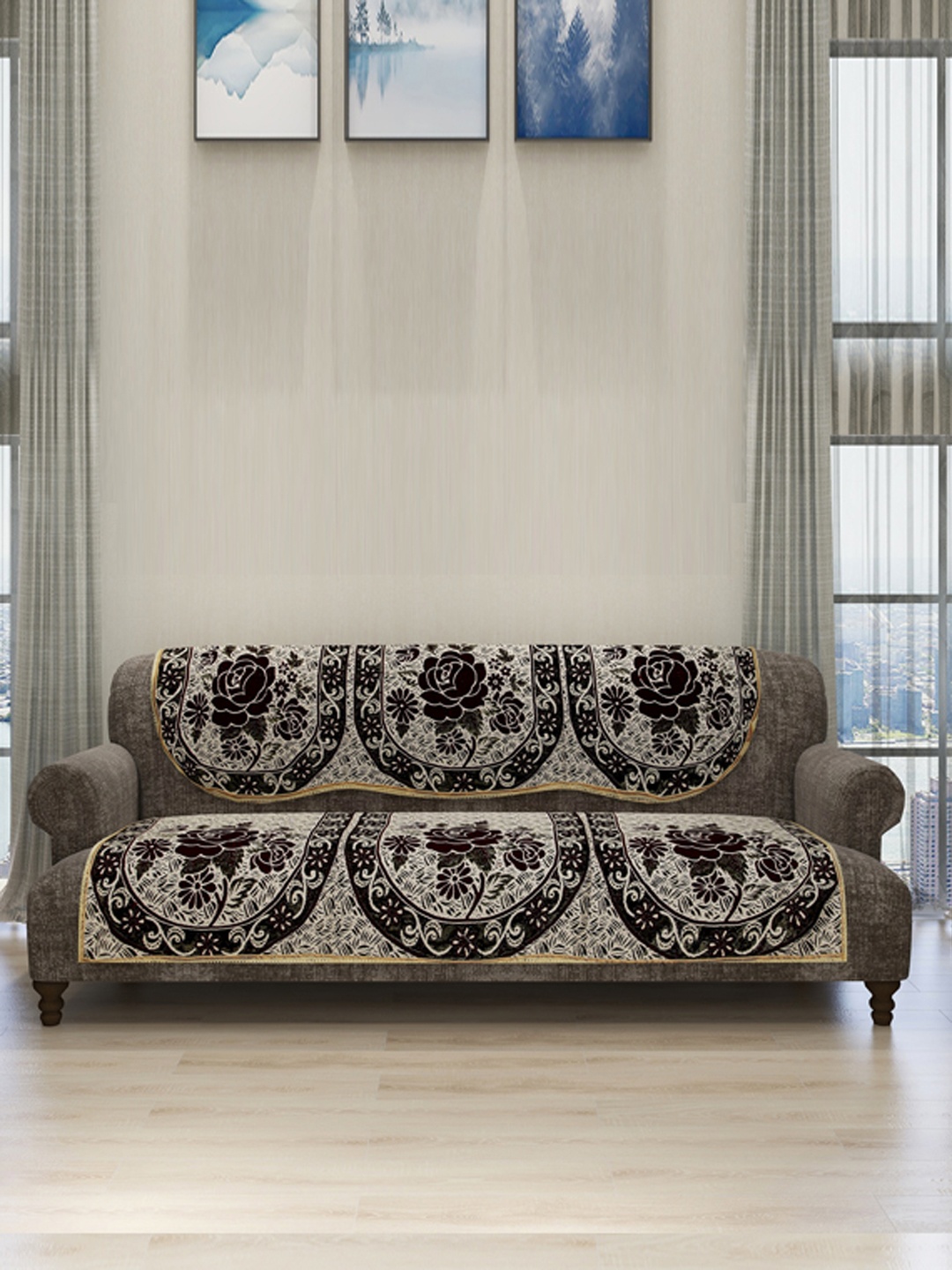 

ROMEE Set Of 6 Beige & Maroon Self-Design Sofa Cover