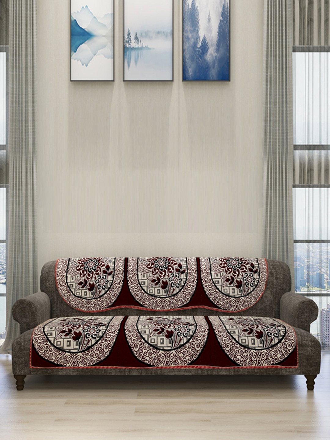 

ROMEE Set Of 6 Beige & Maroon Self-Design Sofa Cover