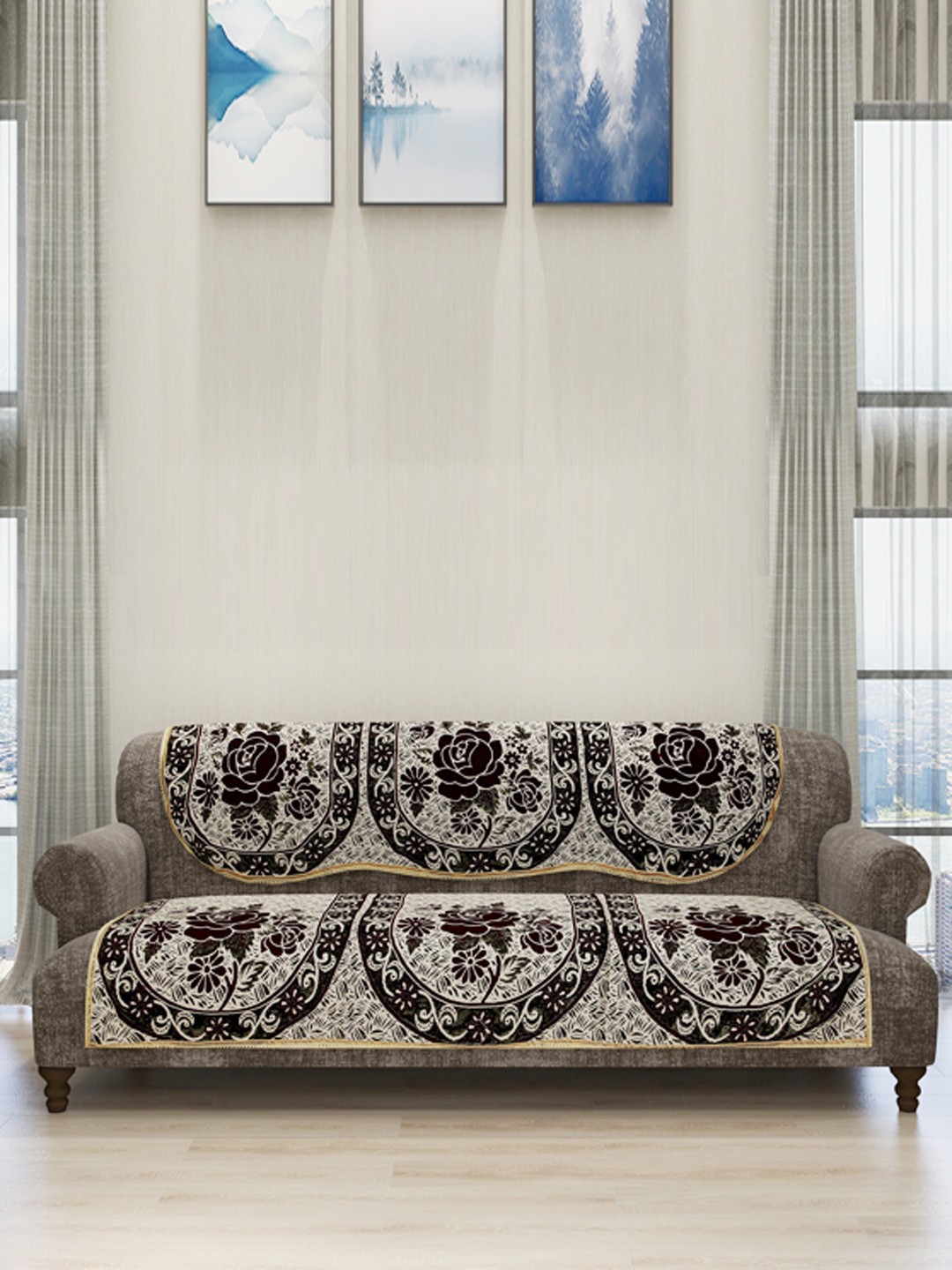 

ROMEE Set Of 6 Beige & Maroon Self-Design Sofa Cover