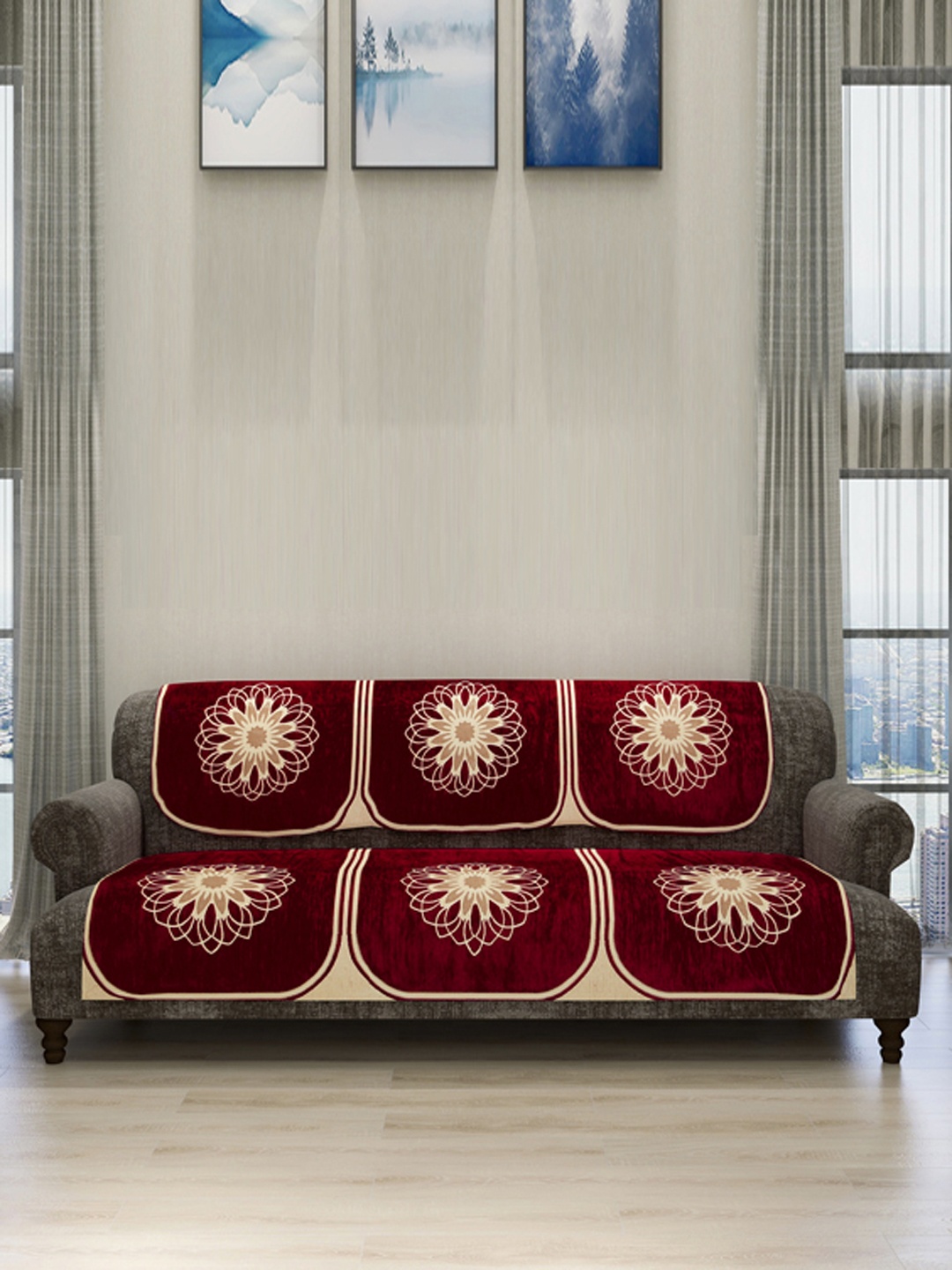 

ROMEE 6-Piece Maroon & Beige Woven Design Chenille Sofa Set Covers