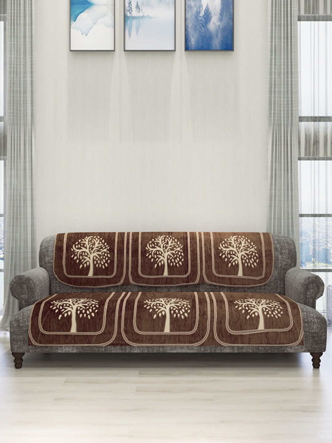 

ROMEE 6-Piece Brown & Beige Woven Design Chenille Sofa Set Covers
