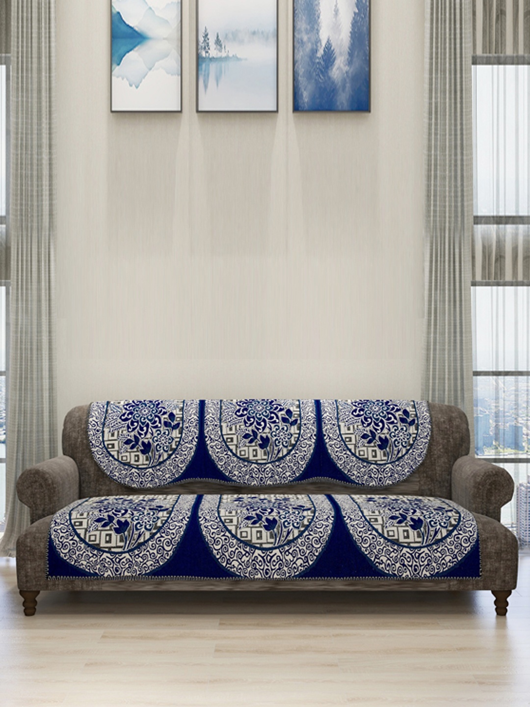 

ROMEE Set Of 6 Blue & Off-White Self-Design Sofa Cover