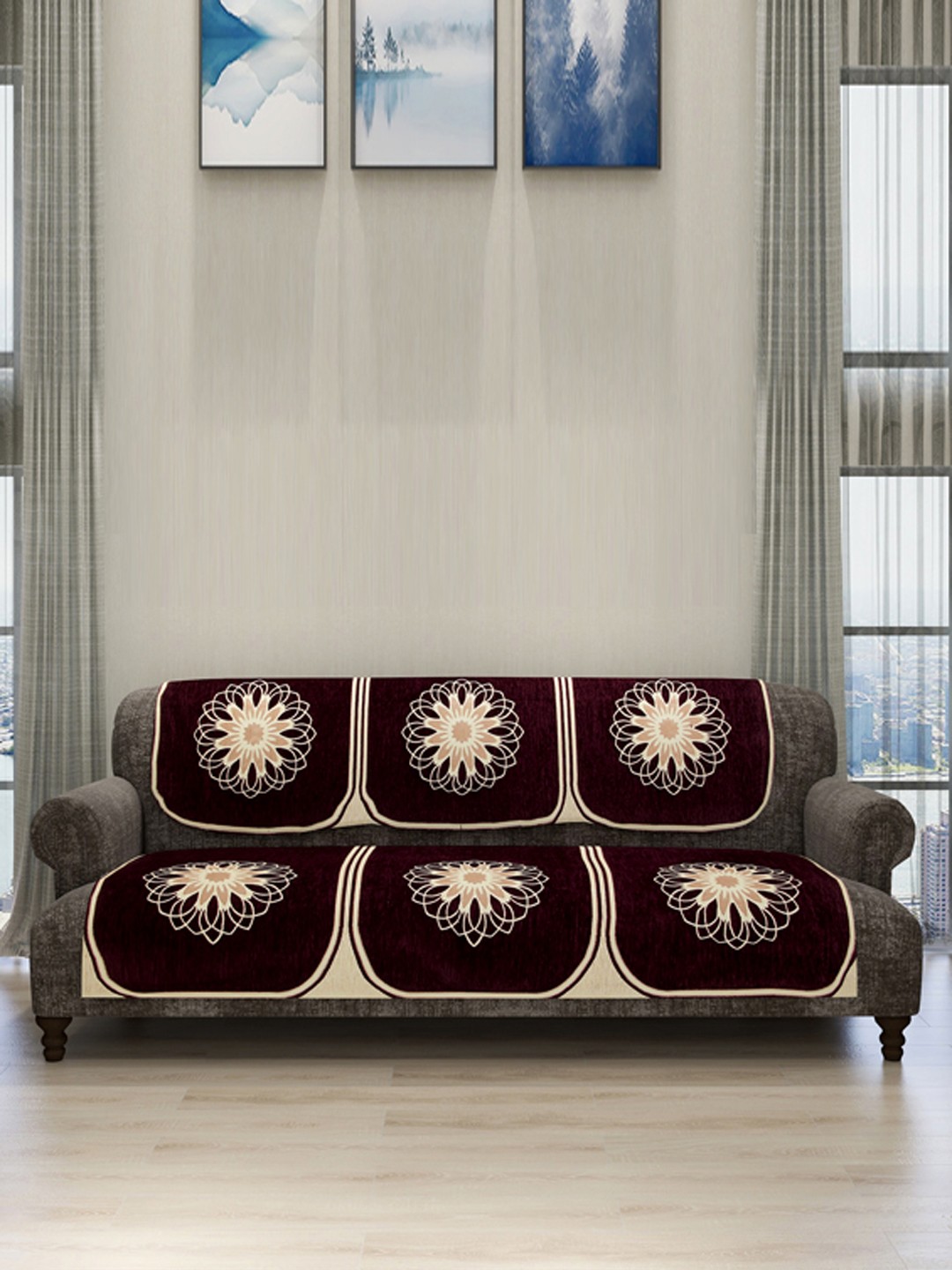 

ROMEE 6-Piece Coffee Brown & Beige Woven Design Chenille Sofa Set Covers
