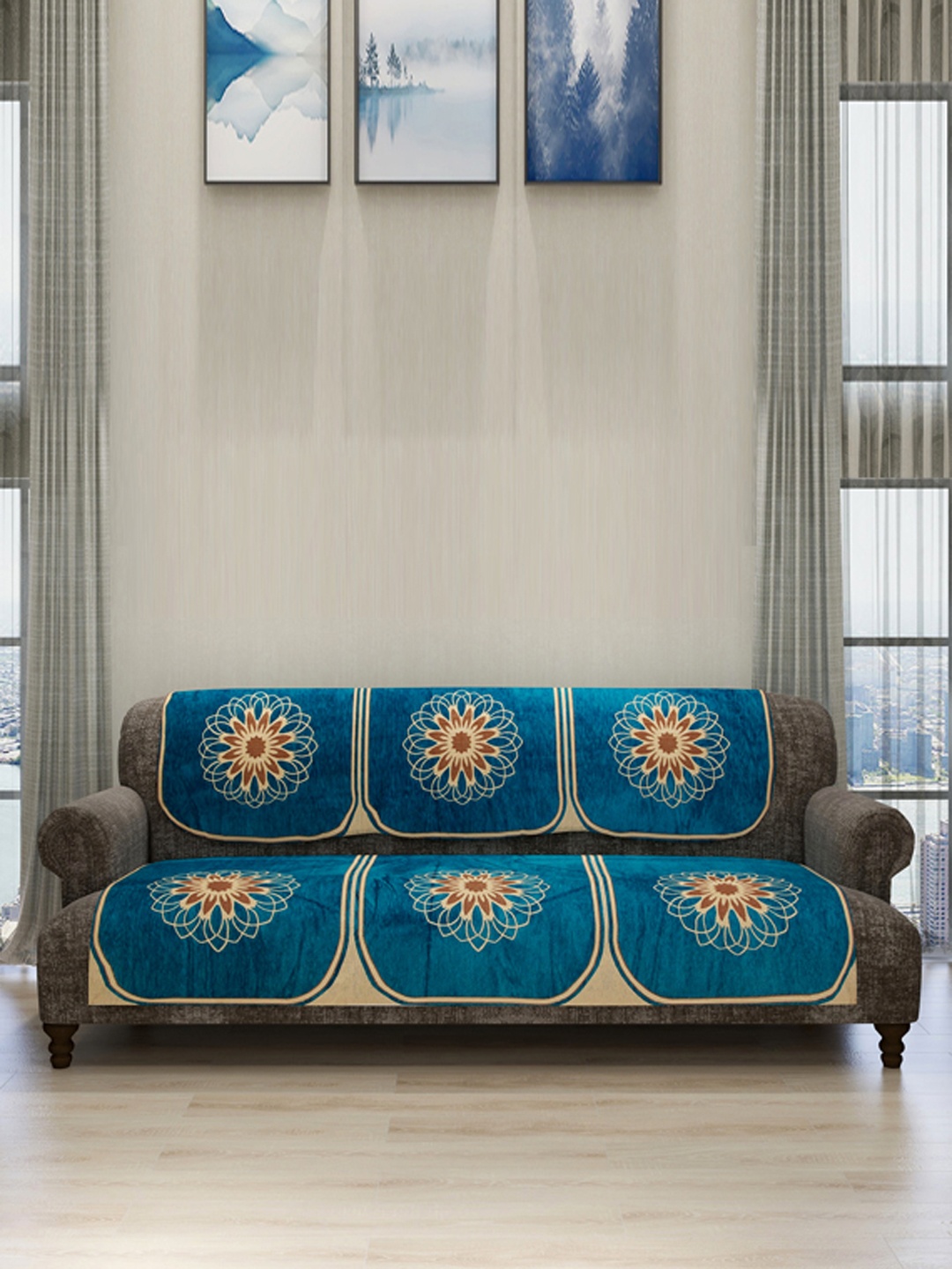 

ROMEE Set Of 6 Turquoise Blue Self-Design Sofa Cover