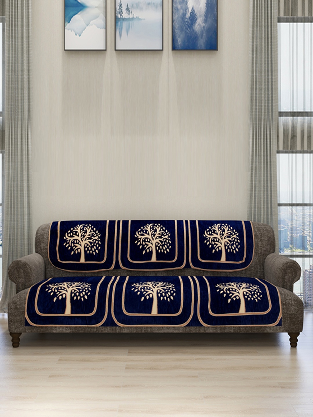 

ROMEE 6-Piece Navy Blue & Beige Woven Design Chenille Sofa Set Covers