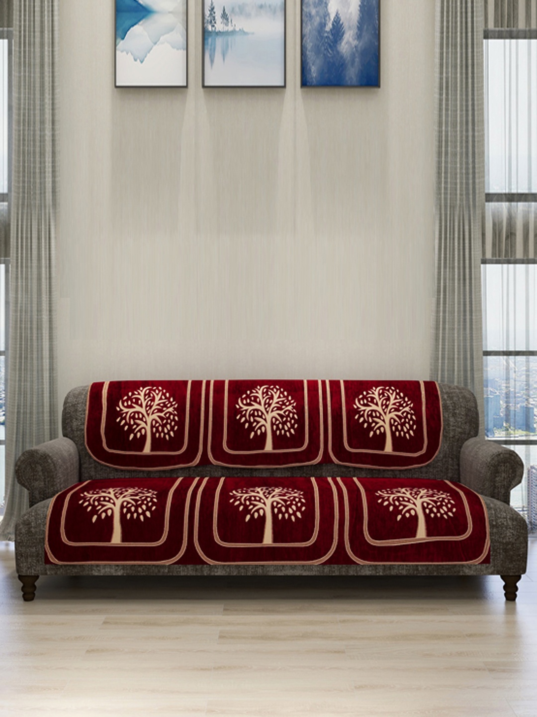 

ROMEE 6-Piece Maroon & Beige Woven Design Chenille Sofa Set Covers