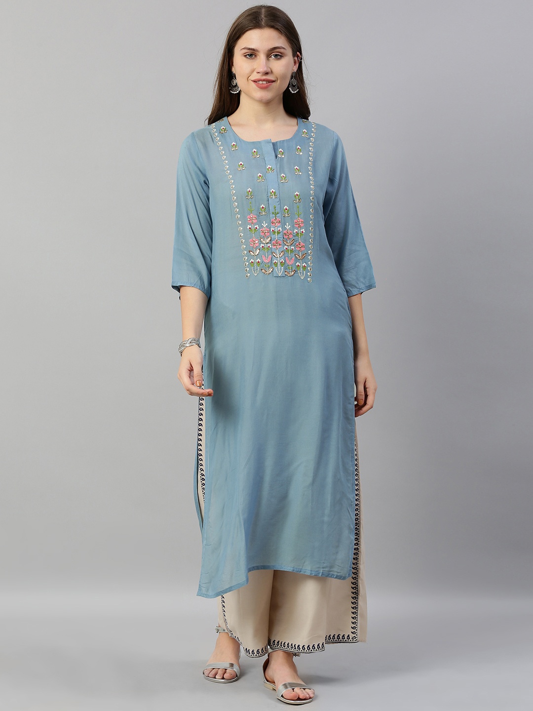 

Neerus Women Blue Yoke Design Straight Kurta
