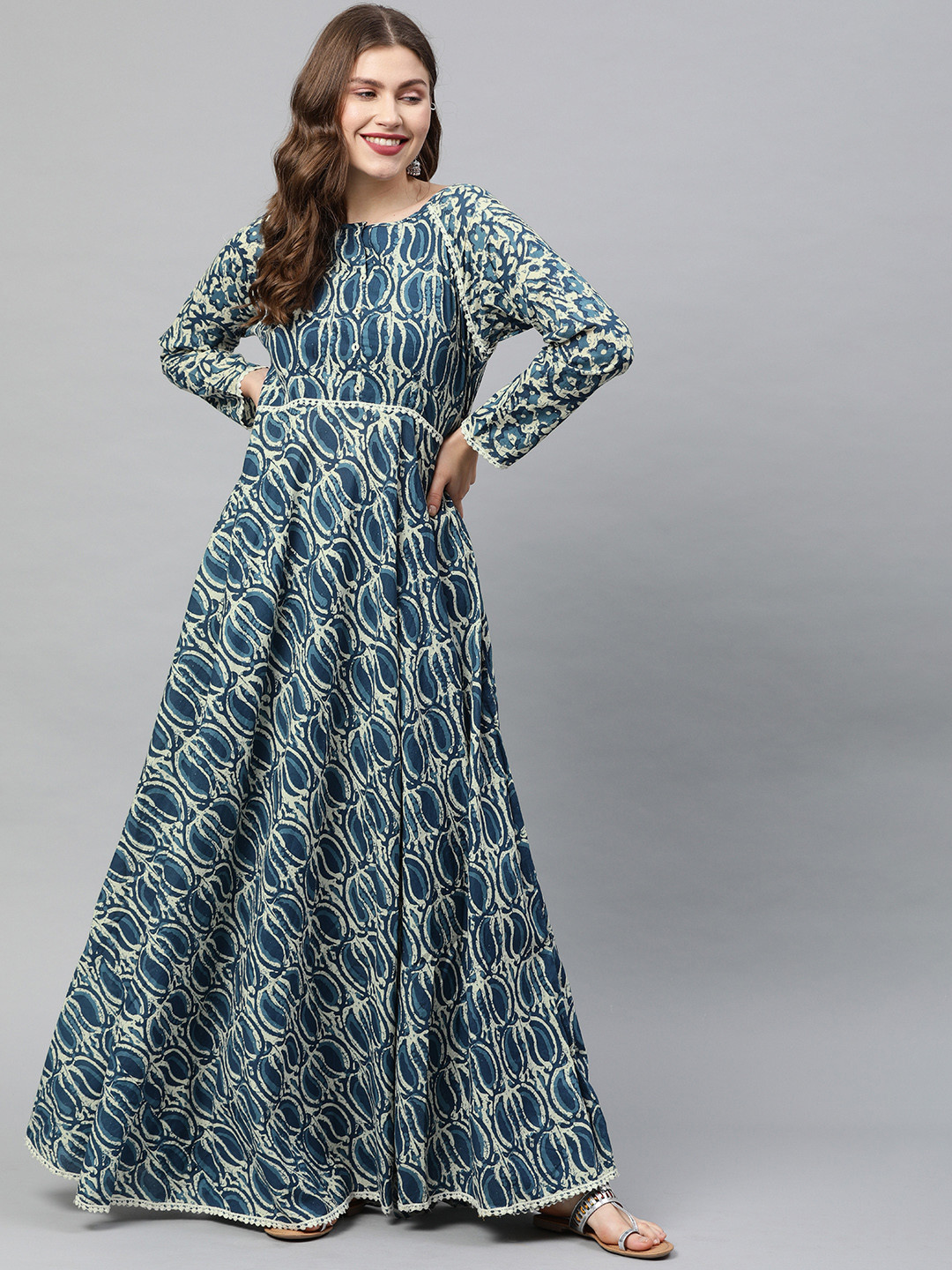

Neerus Women Blue & Off-White Printed A-Line Kurta with Lace Inserts