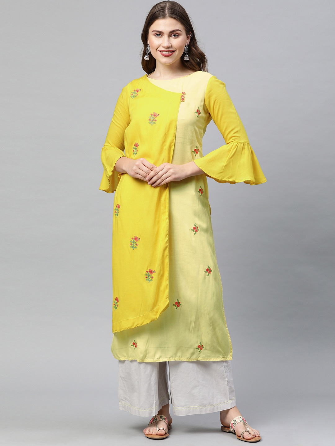 

Neerus Women Yellow & Green Embroidered Straight Angrakha Kurta