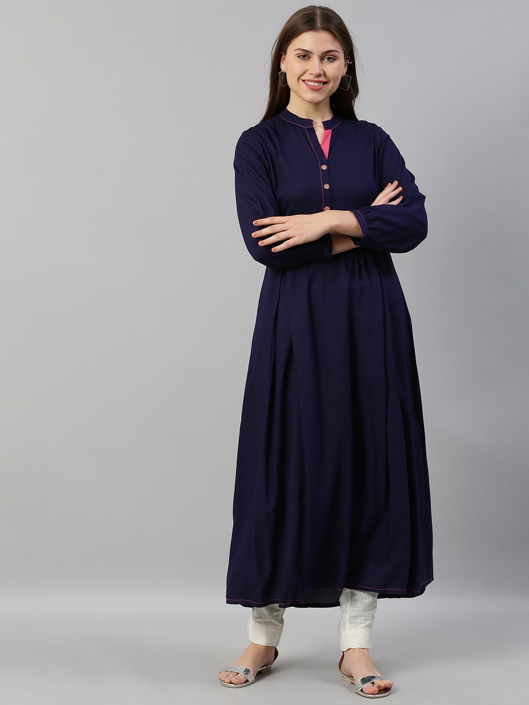 

Neerus Women Navy Blue Solid A-Line Kurta With Embroidered Detailing