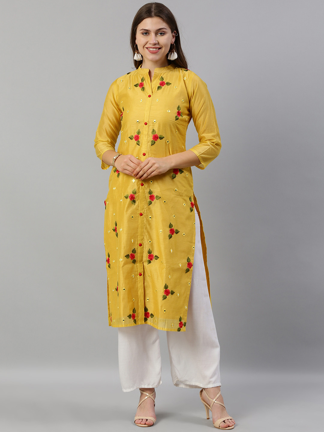 

Neerus Women Mustard Yellow Floral Embroidered Straight Kurta