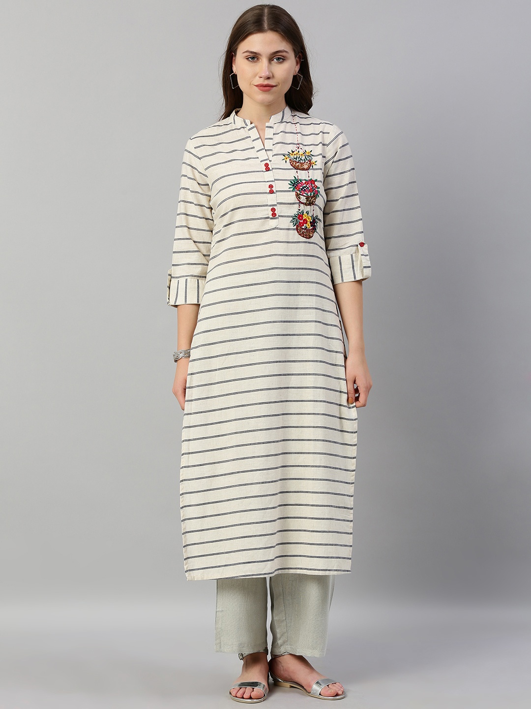 

Neerus Women Off-White & Navy Blue Striped Straight Kurta with Embroidery