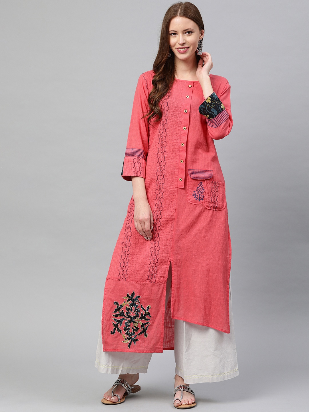 

Neerus Women Pink Woven Design A-Line Asymmetric Kurta