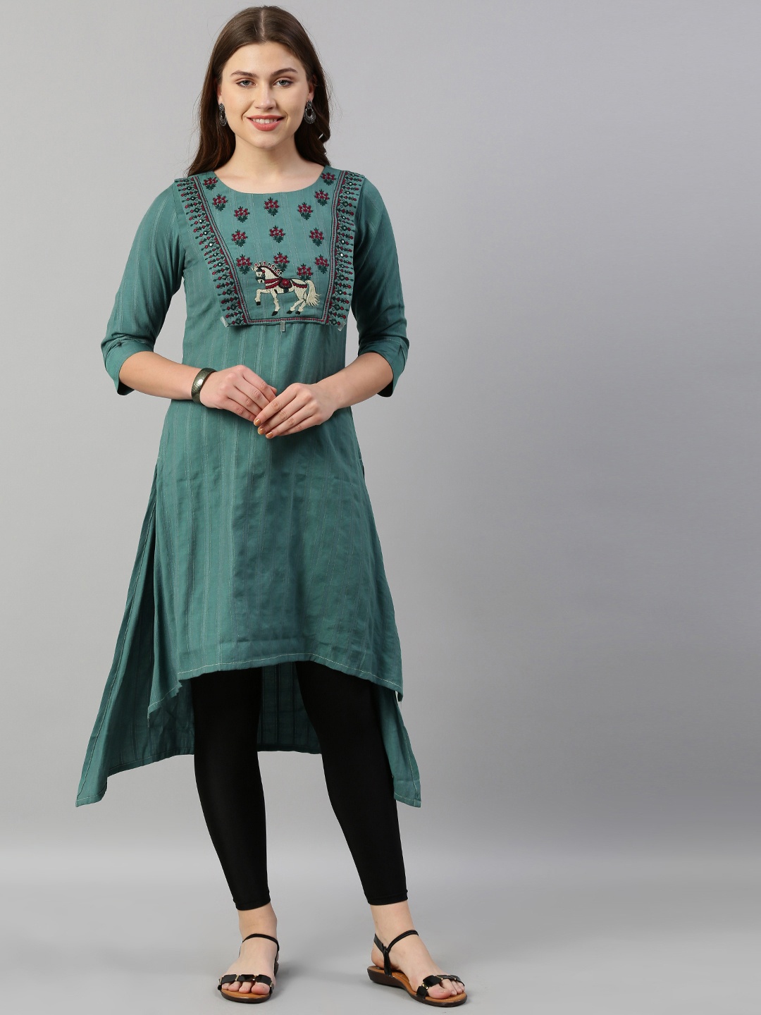 

Neerus Women Green & Burgundy Embroidered Yoke Design A-Line Kurta