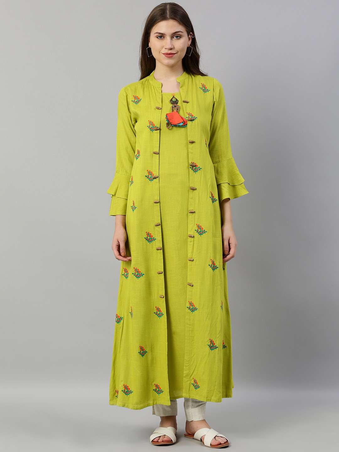 

Neerus Women Fluorescent Green & Orange Embroidered Layered A-Line Kurta