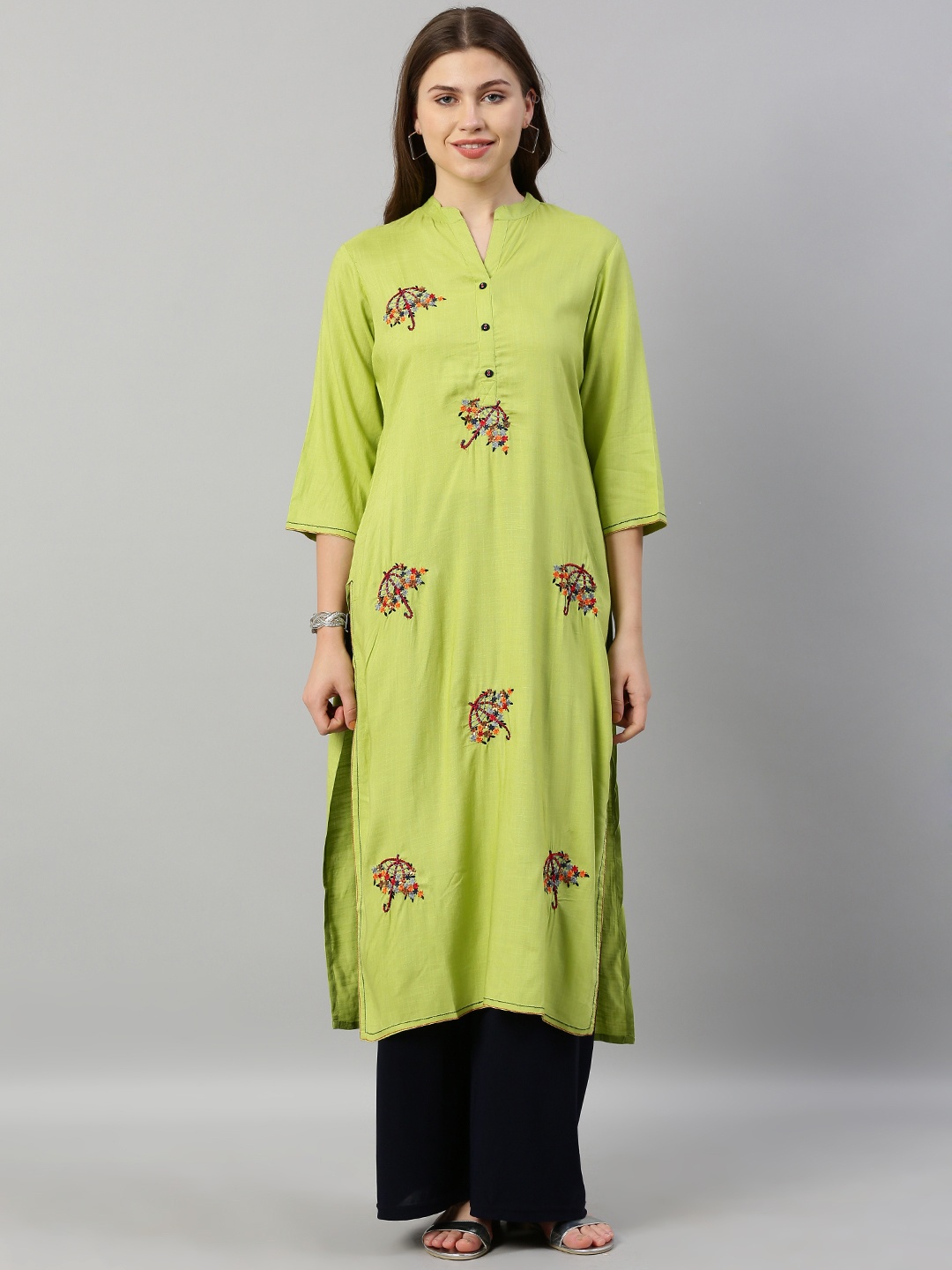 

Neerus Women Lime Green Floral Embroidered Straight Kurta