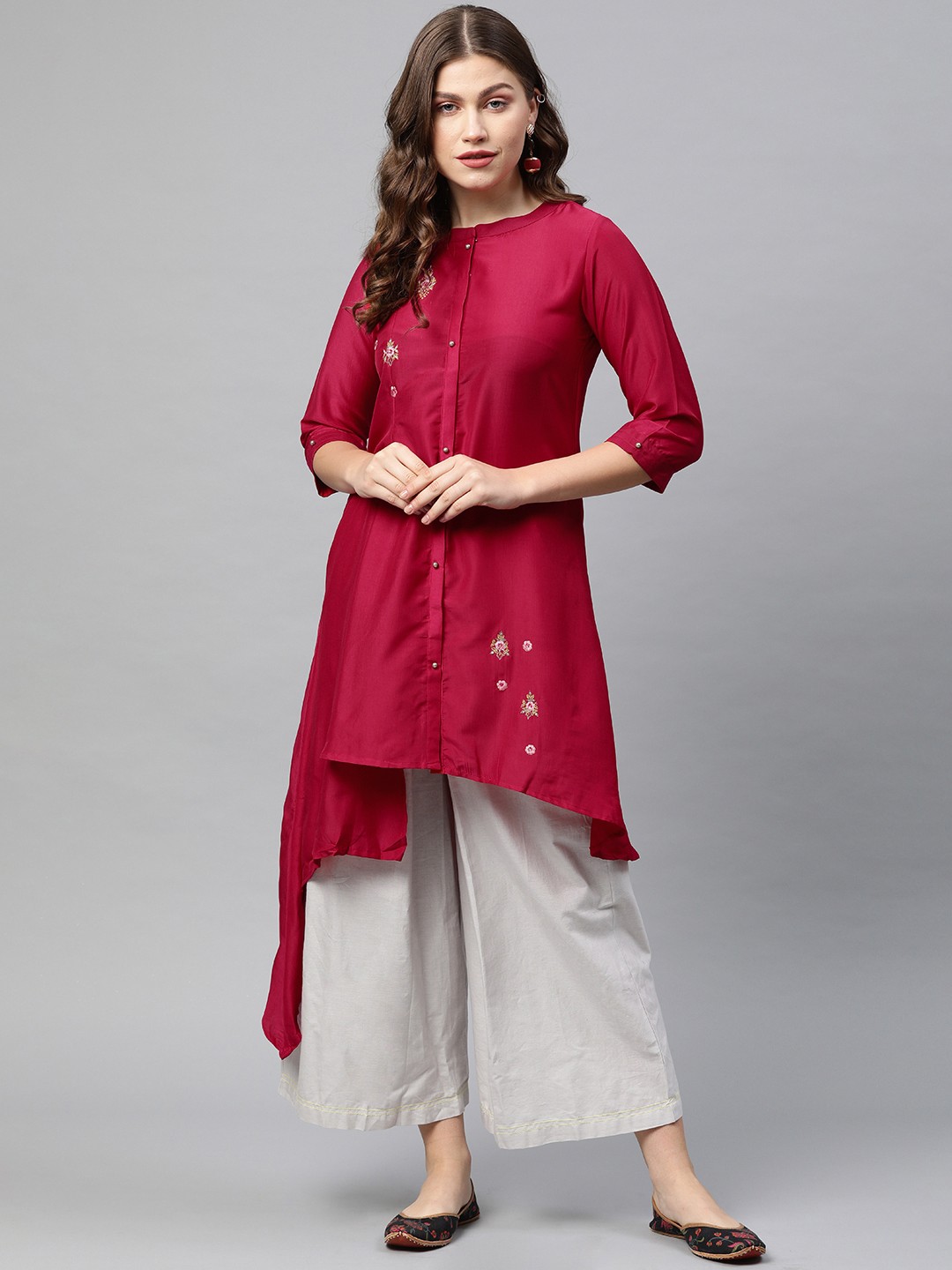 

Neerus Women Pink Embroidered Asymmetric A-Line Kurta