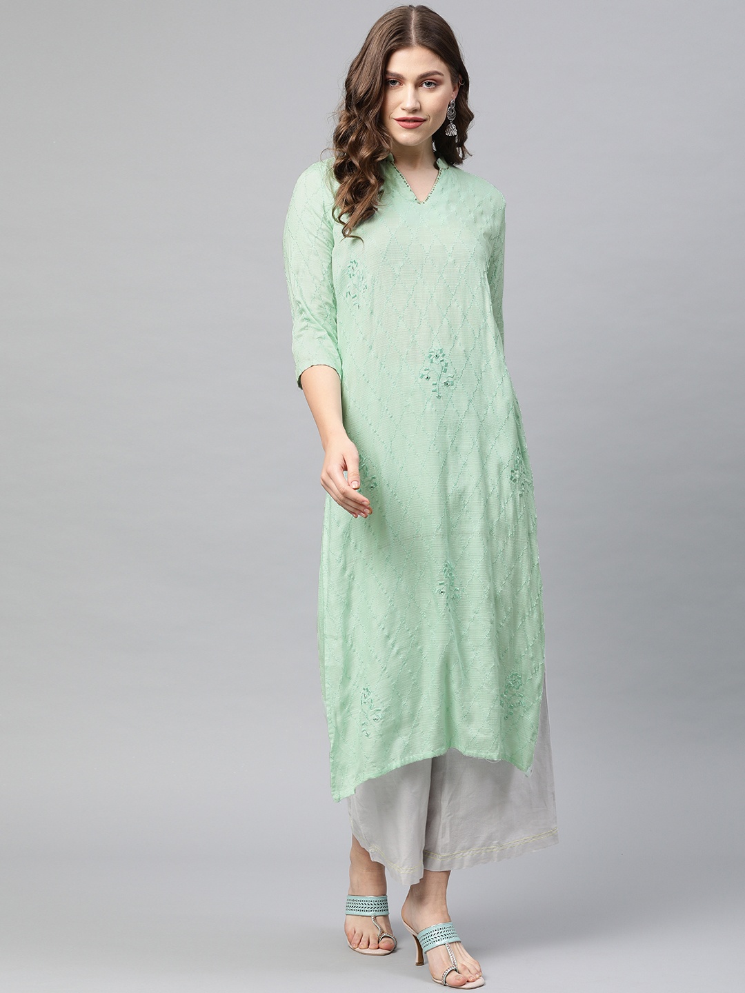 

Neerus Women Sea Green Embroidered Straight Kurta