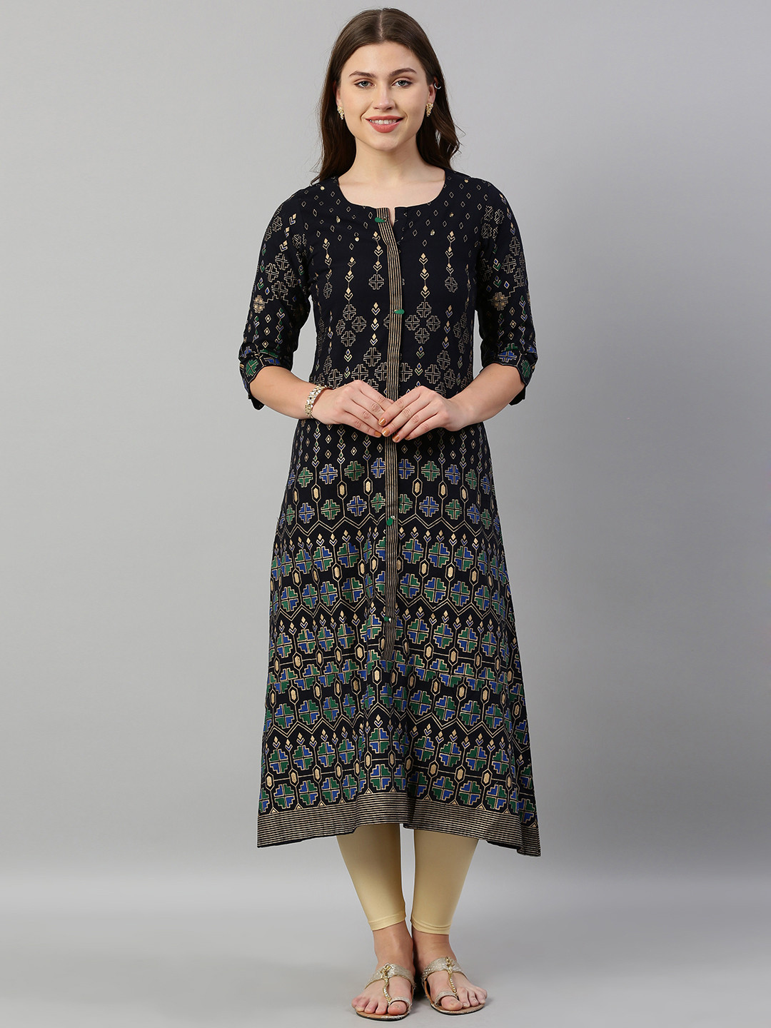 

Neerus Women Navy Blue & Gold-Toned Foil Printed A-Line Kurta