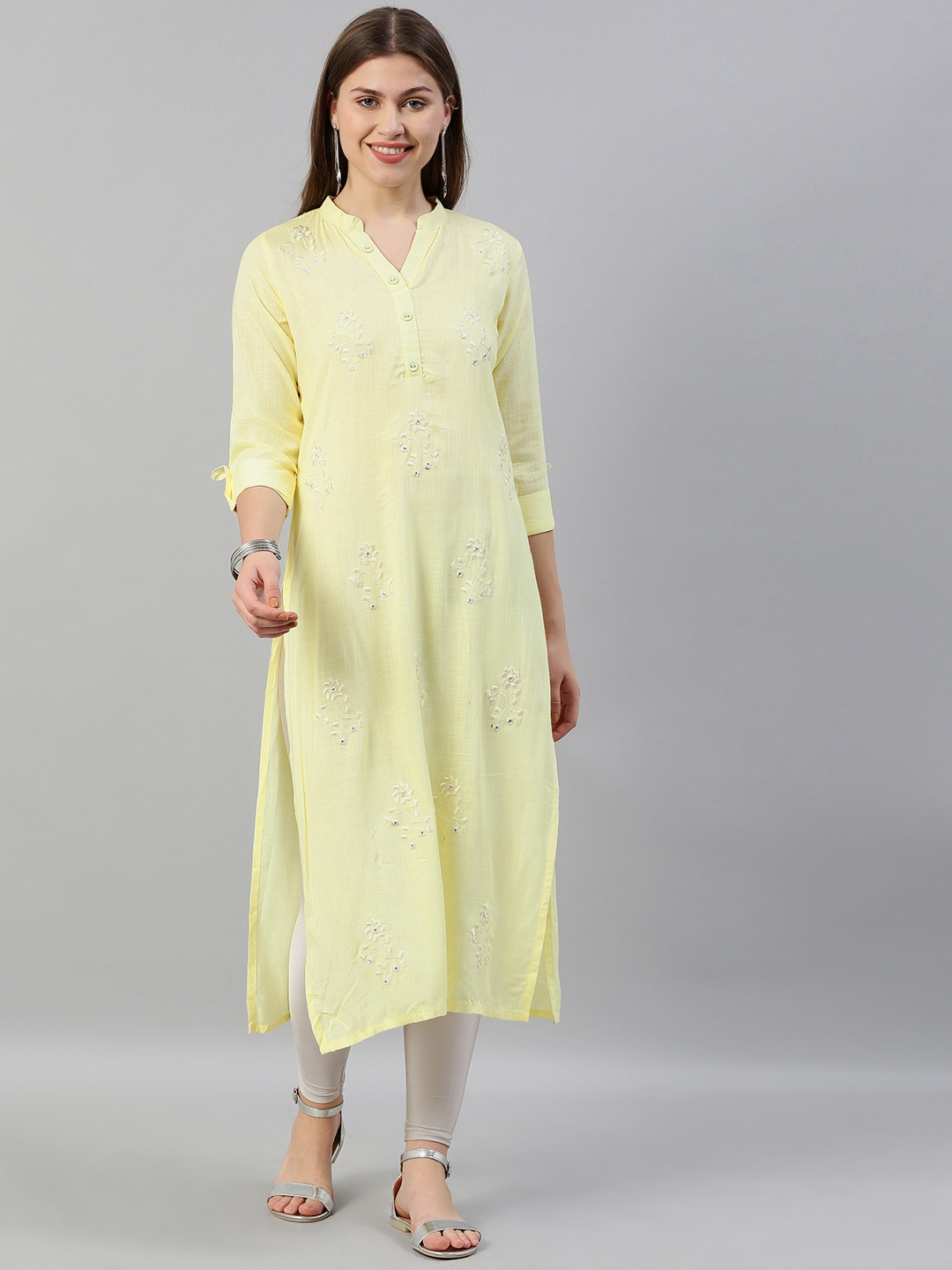 

Neerus Women Yellow & Off-White Embroidered Straight Kurta