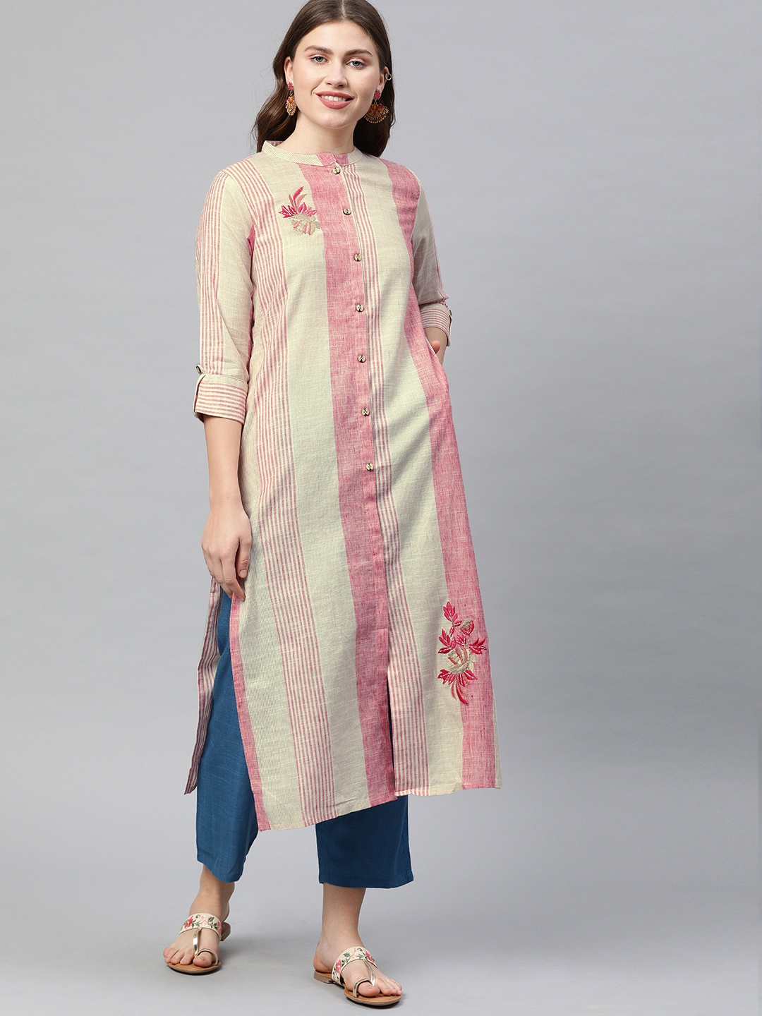 

Neerus Women Cream-Coloured & Pink Striped Straight Kurta with Embroidery