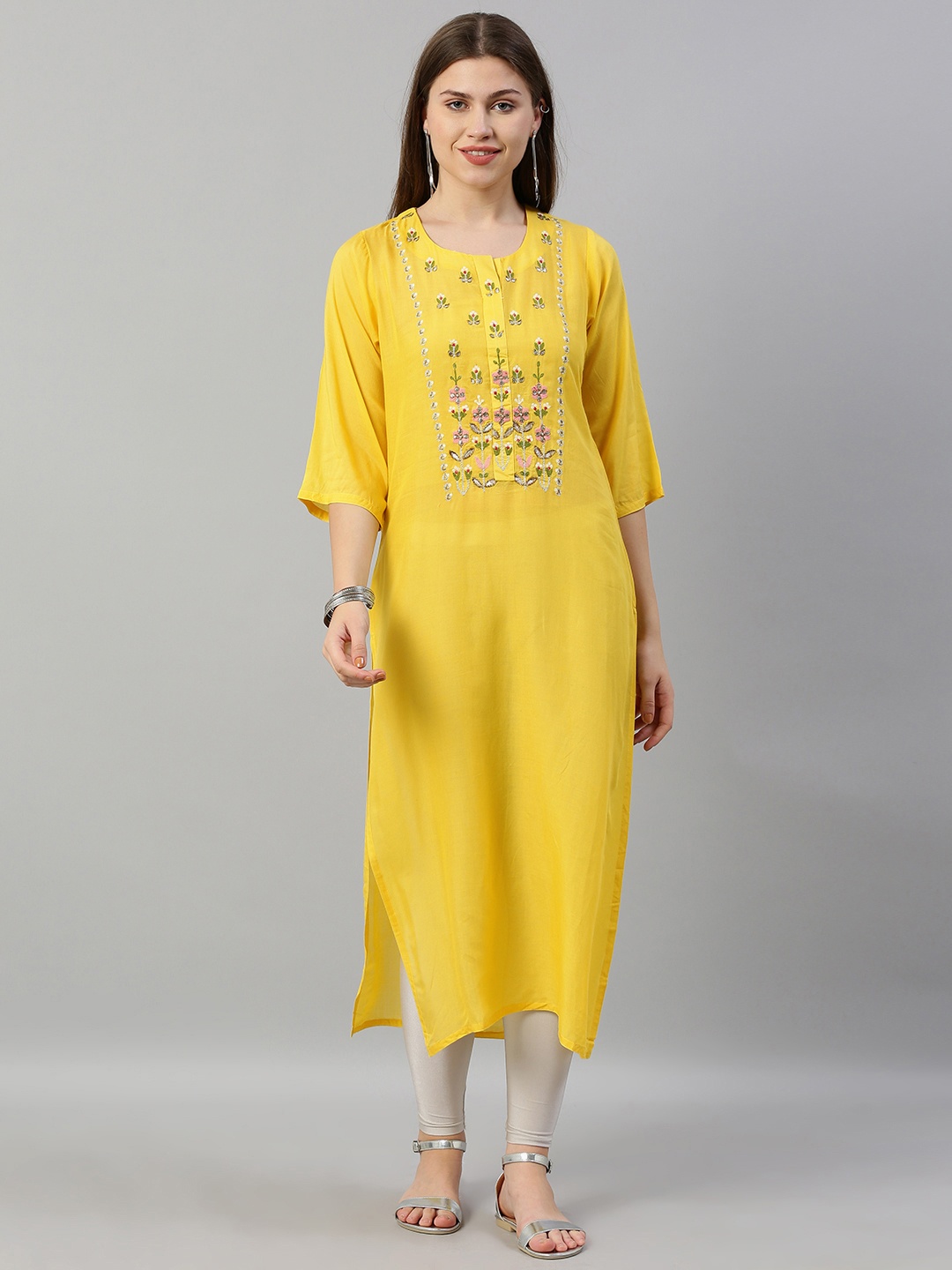 

Neerus Women Yellow Yoke Design Straight Kurta