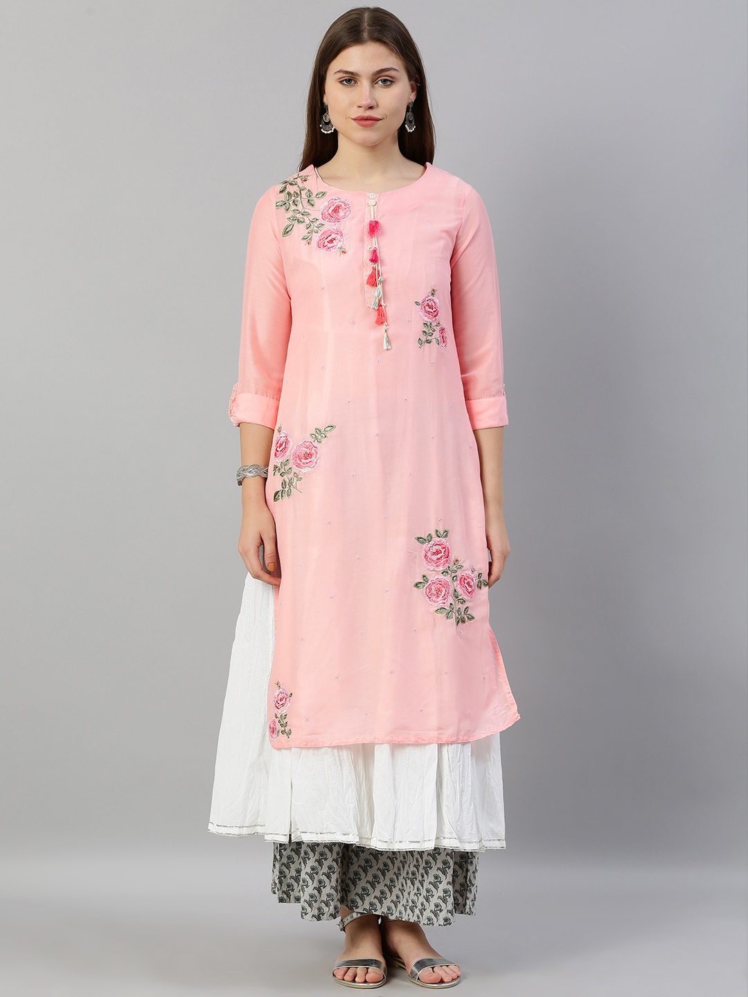 

Neerus Women Pink & White Floral Embroidered Layered A-Line Kurta