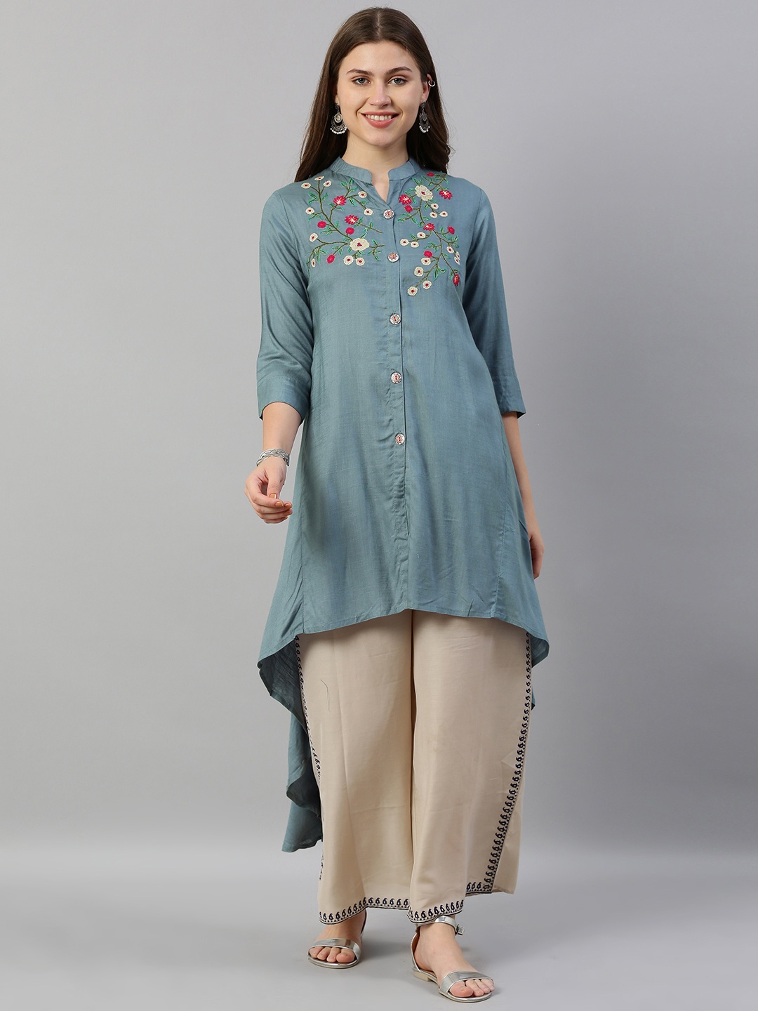 

Neerus Women Blue Yoke Design A-Line Kurta With Asymmetric Hem