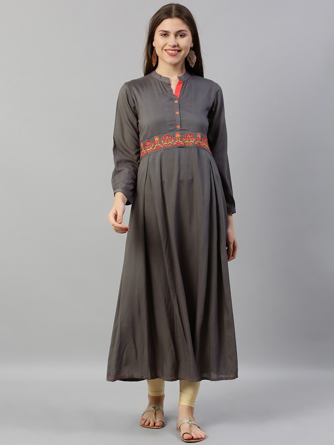 

Neerus Women Grey Solid A-Line Kurta with Embroidery