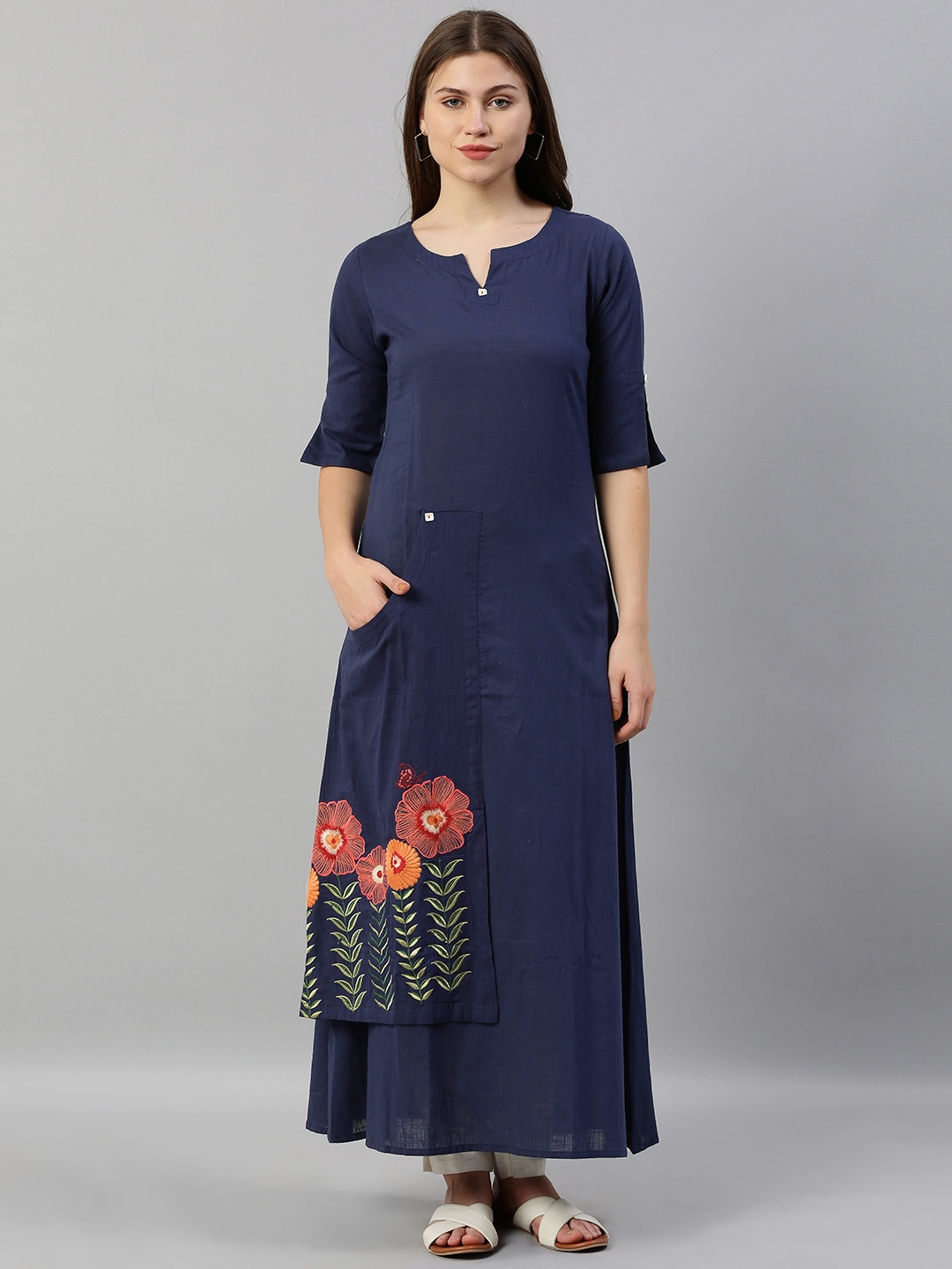 

Neerus Women Navy Blue Solid Layered A-Line Kurta With Embroidered Detailing