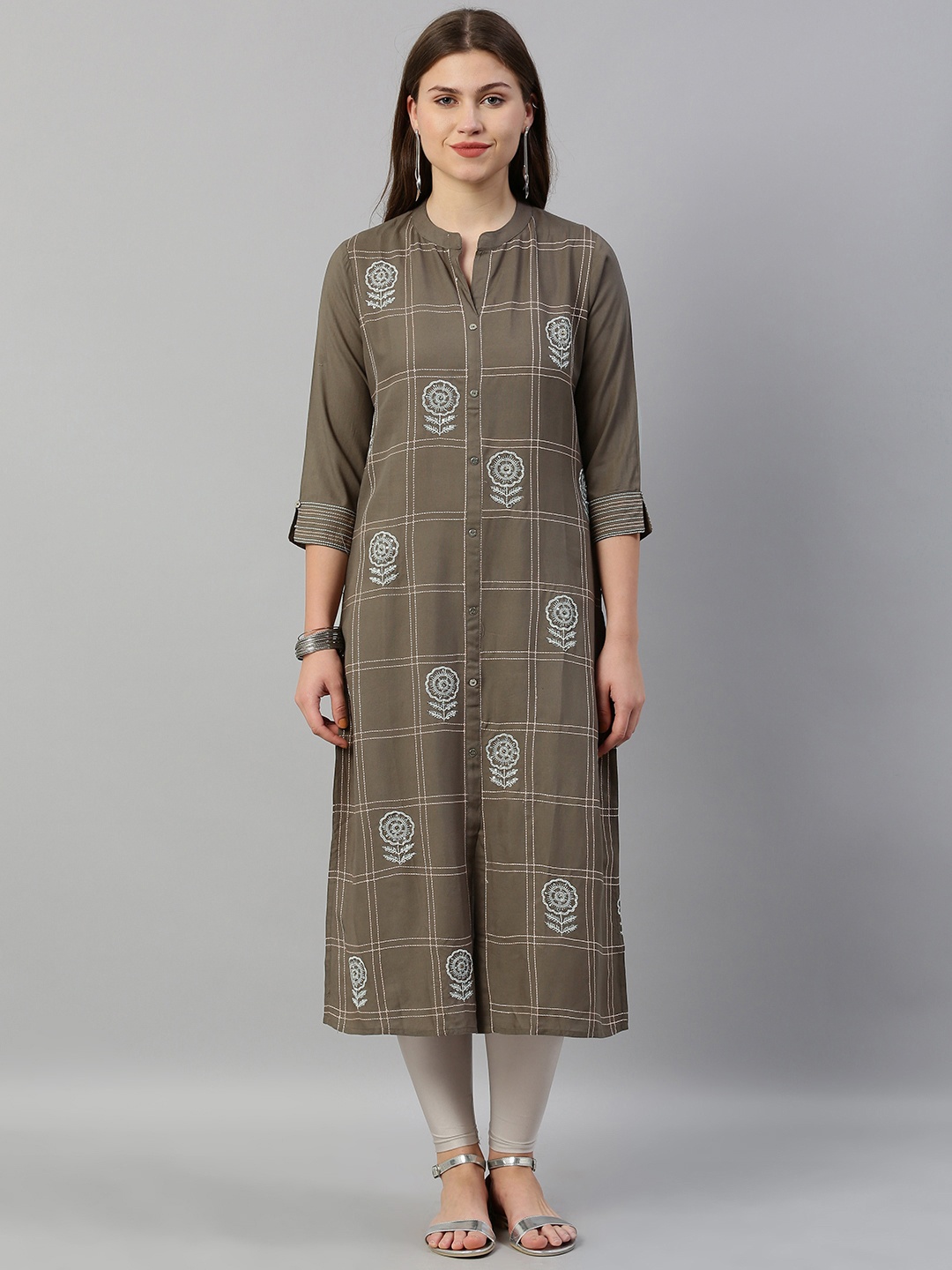 

Neerus Women Brown & Grey Checked Straight Kurta